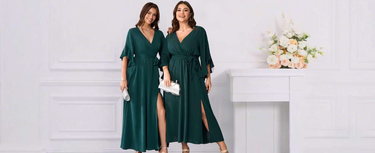 ladies maxi dresses for weddings MSJUHEG Wedding Guest Dresses For Women Maxi Dress For Women Womens Deep V Neck Plus Size Evening Dress Long Sleeves With Belt Women'S Formal Dresses Gray 2Xl