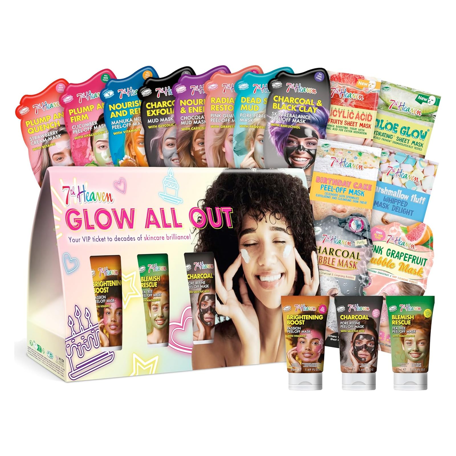 7th Heaven Glow All Out 17-Piece Skincare Gift Set - Includes Tube, Mud, Cream, Sheet and Peel Off Face Masks