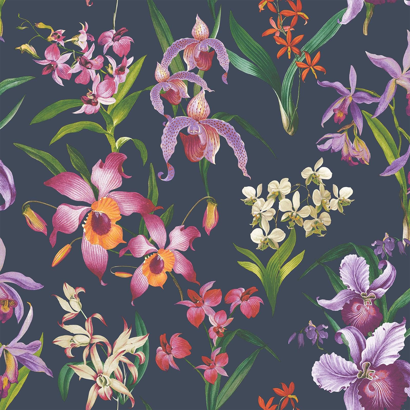 Rasch Maya Floral Vibrant Colourful Design for Bedroom Feature Wall or Living Room Wallpaper Navy Blue (283678)