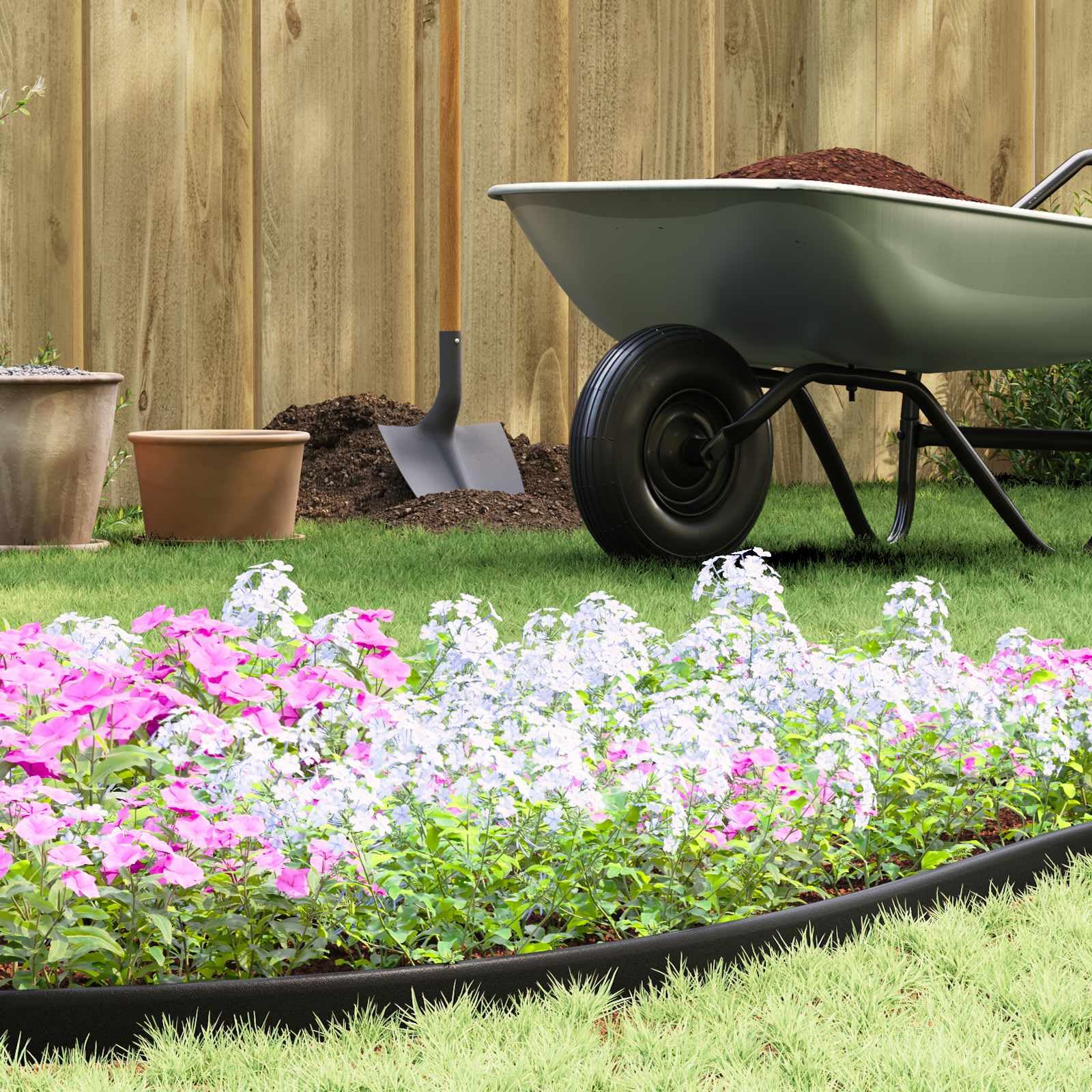 Rasenkanten Schwarz 4000 x 4 x 5 cm aus Kunststoff mit 120 Nägeln, Gartenbeet Rand für Blumenpflanzen und Rasenpflege, flexibel biegbar für Terrasse