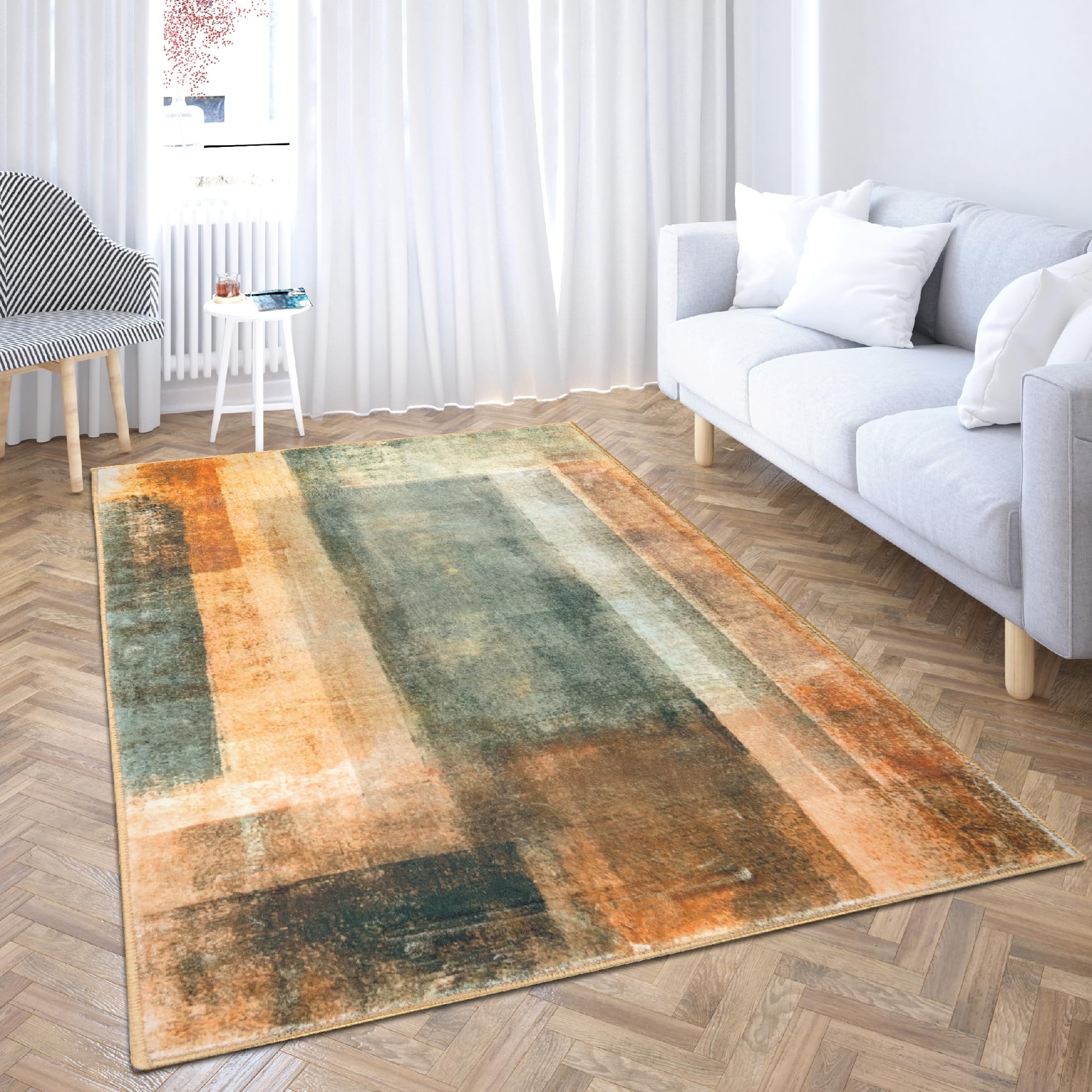 Shedir - Alfombra de Pelo Corto y Suave, para salón, Dormitorio, diseño Moderno y Elegante, decoración clásica y contemporánea, Estampada, Gris y Naranja, 60 x 120 cm