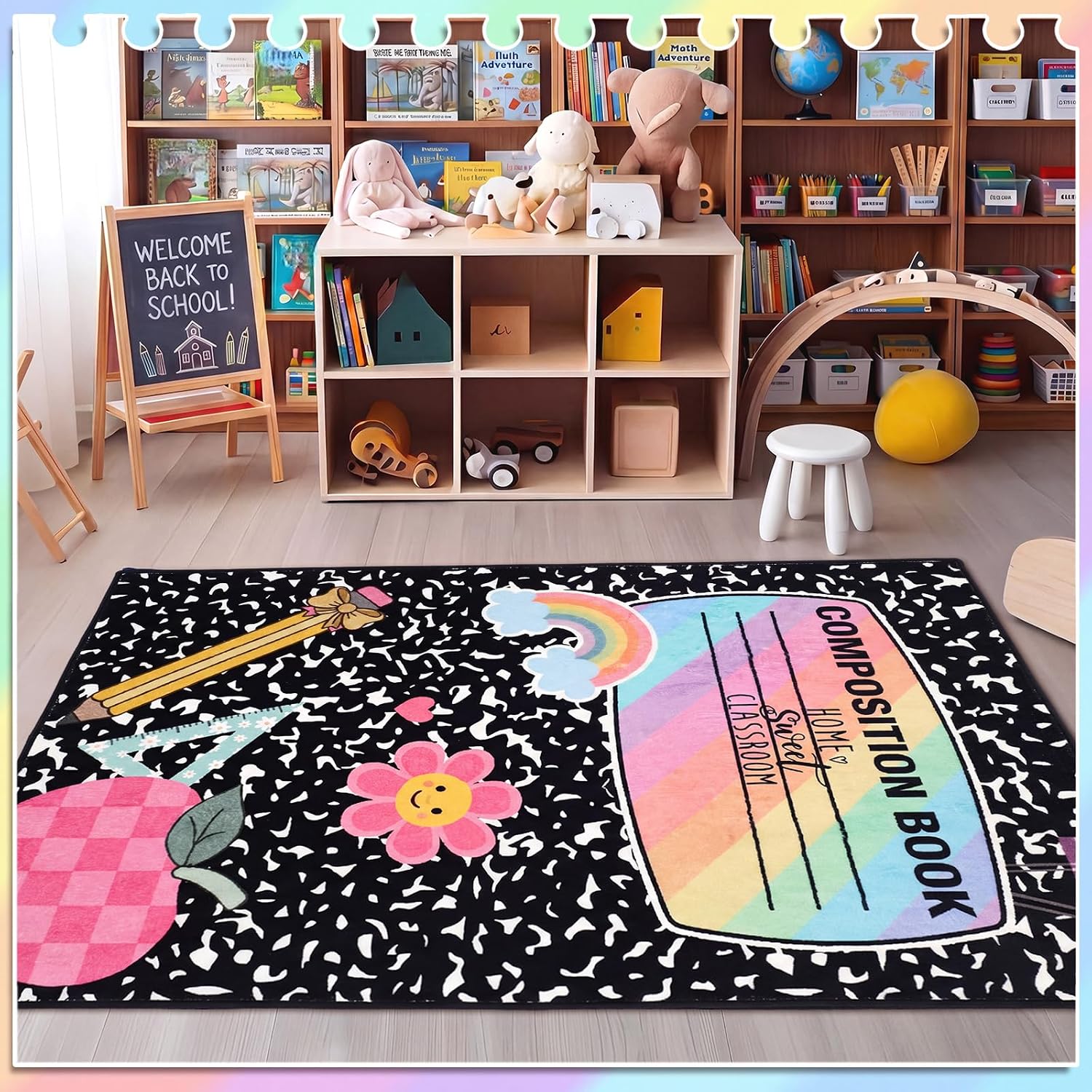 Composition Book Classroom Rug 4 x 3.8 ft Educational Area Rug, Large Notebook Carpet Soft Crystal Velvet for Reading Corner Nursery, Non-Slip Play Mat