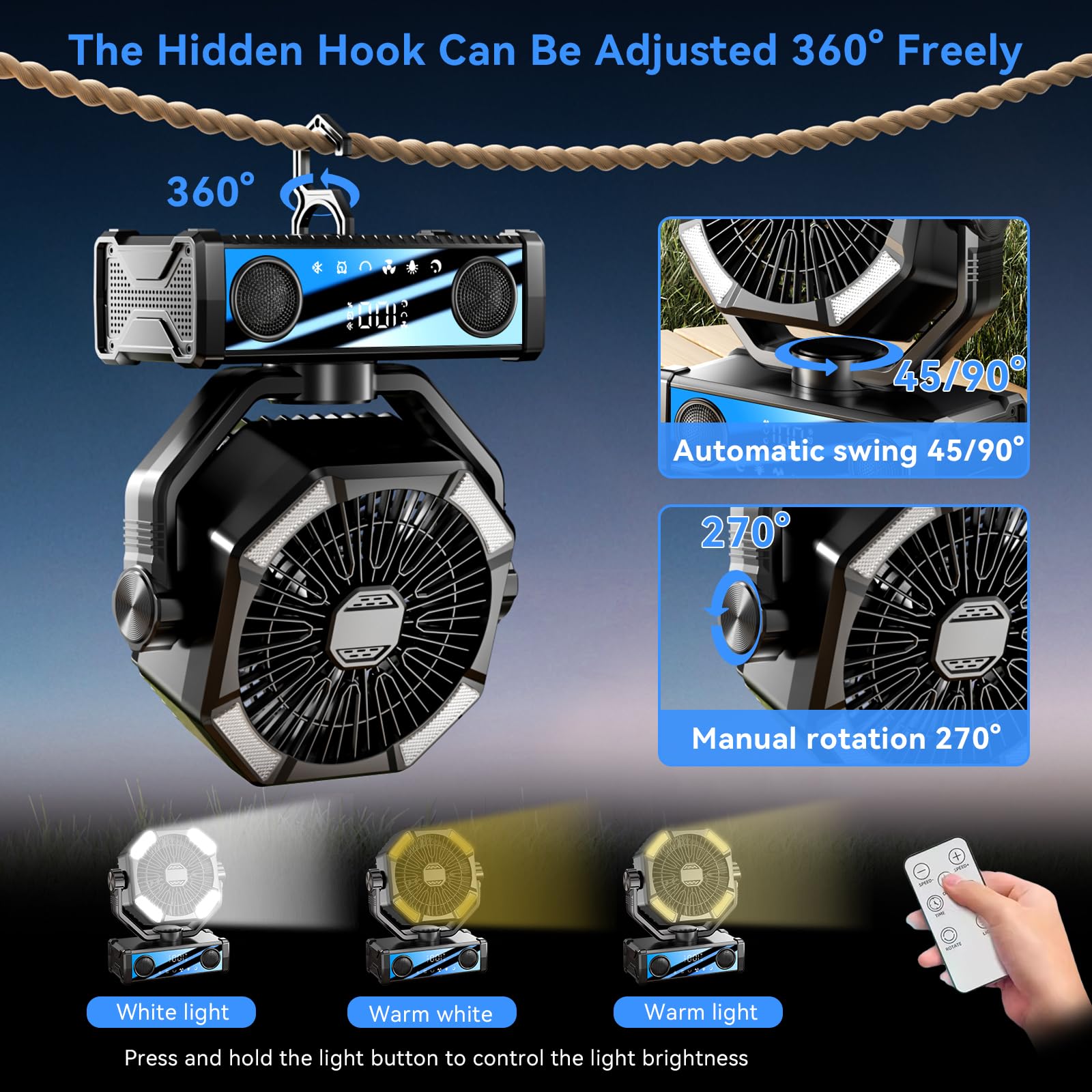 Camping Ventilator mit 5.3 Bluetooth Lautsprecher, 25000mAh Tragbarer Ventilator Wiederaufladbar mit 5 Geschwindigkeiten Touch Control & 3 Modi LED Licht, Fernbedienung, USB/Type-C