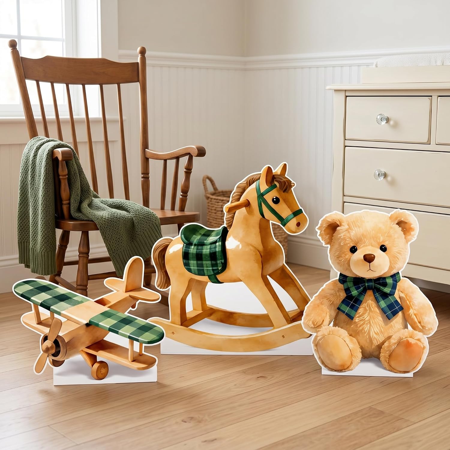 3 Pcs Teddy Bear Baby Shower Decorations, 20x16 Inch Blue Green Tartan Bear Cardboard Cutout Vintage Photo Booth Prop for We Can Bearly Wait Birthday Baby Shower Gender Reveal Party Backdrop Decor