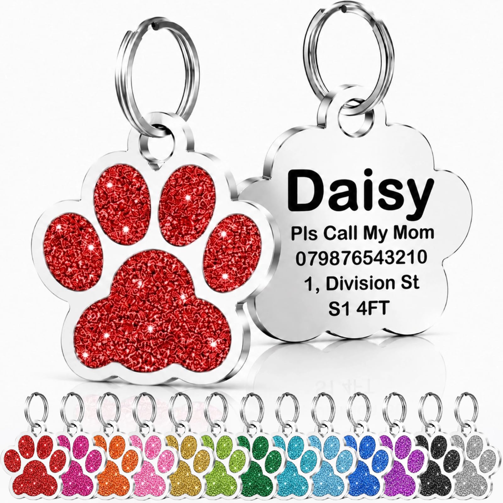 Personalised Cat Tags, Dog Tags for Pets UK Prime, Deep Engraved Pet ID Tags for Dogs & Cats, Glitter Paw Print Stainless Steel Cat Name Tag, Doggy Cat Kitten Kitty Puppy Tag (Red Paw, S)