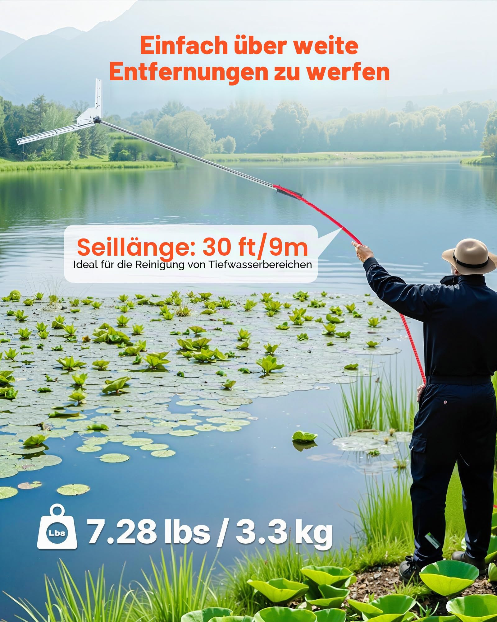 VEVOR Teichrechen, Wasser Unkrautrechen mit 939 mm max. Schnittbreite, Stahlklingen, See-Unkrautschneider mit 9 m Nylonseil, Seerechen zum Entfernen von Rohrkolben, Schilf, Seerosenblätter