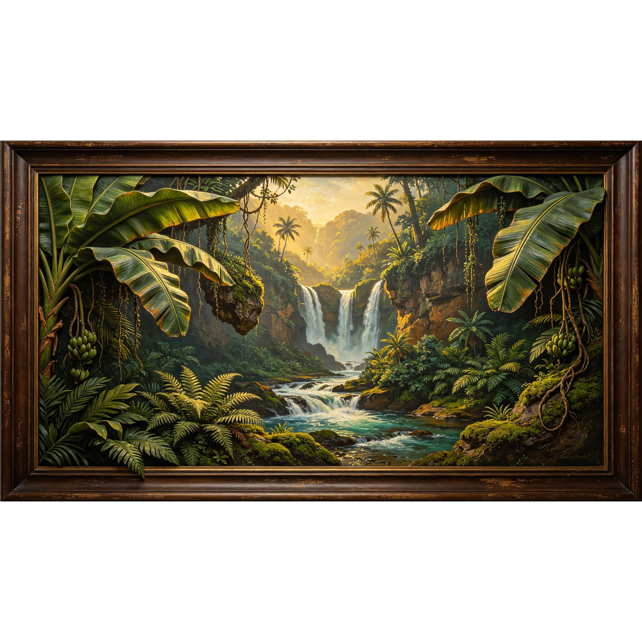 QZLITHOTIC 50x90cm3D Framed Wall Art， Tropical Waterfall Jungle Landscape Self‑Adhesive Mural， Water‑Activated Peel & Stick Fabric Decor Wall Decal for Bedroom Living Room