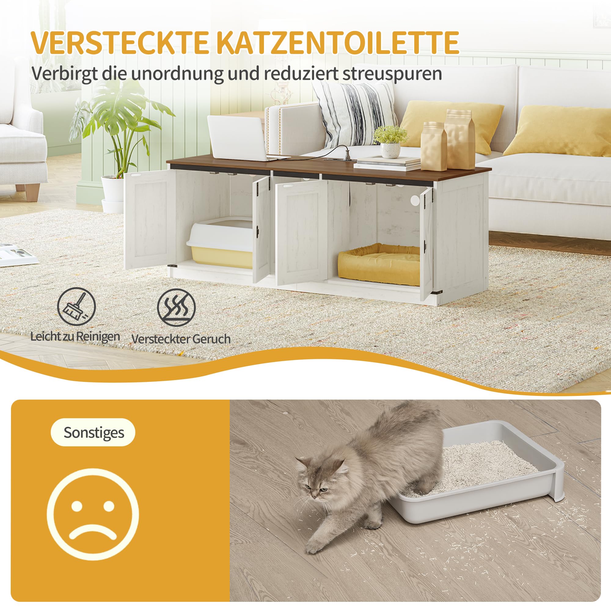Cat Litter Box Enclosure for 2 Cats, Hidden Litter Box Furniture Cabinet with Double Room, Indoor Cats House with USB Ports & Power Outlets, Farmhouse Style, Rustic Brown and White CB82514XV1 - image 5