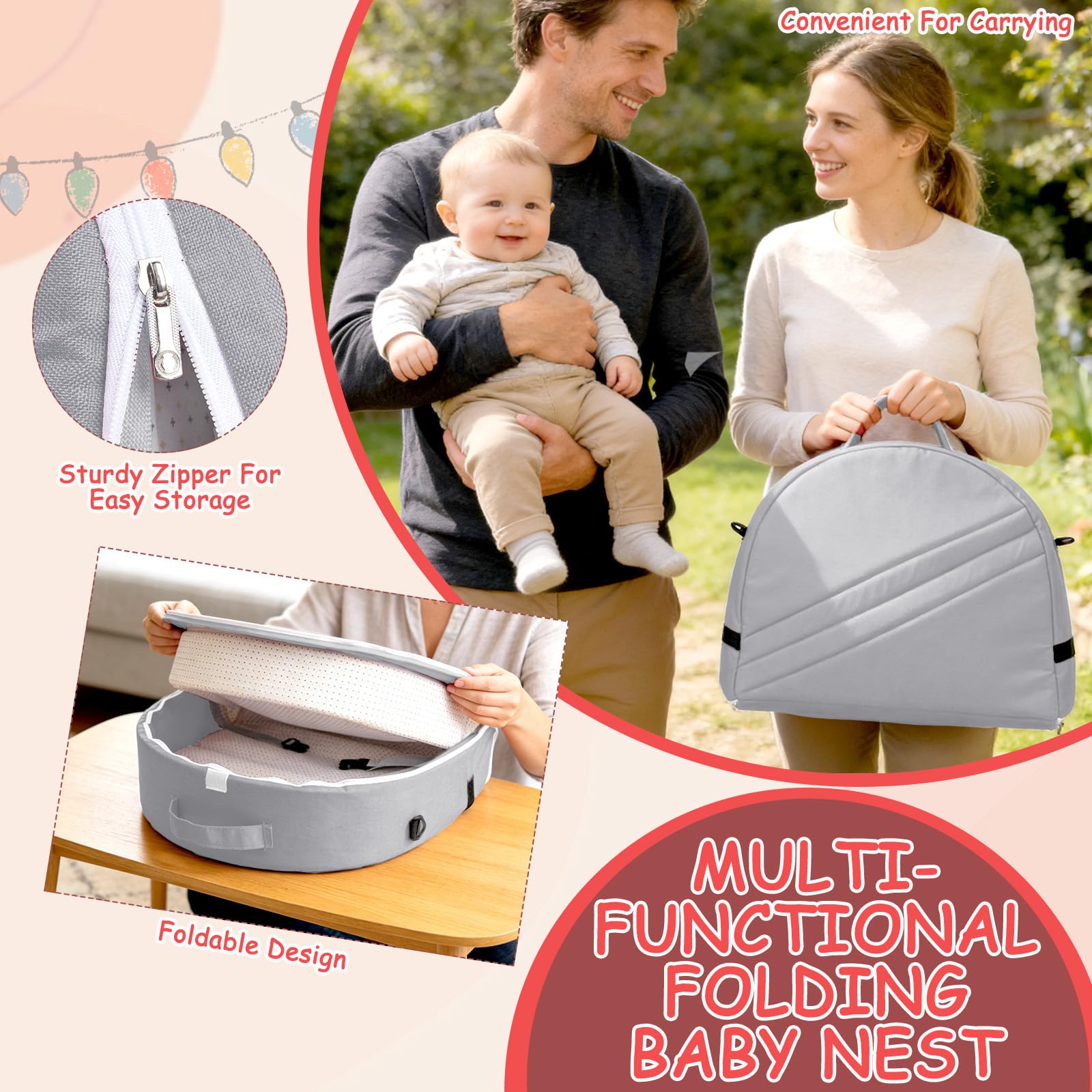 Huracan Nid de bébé pliable avec moustiquaire et couverture, nid de bébé, lit de voyage portable pour bébé en coton respirant, matelas en mousse douce, espace de couchage sûr pour nouveau-nés de 0 à