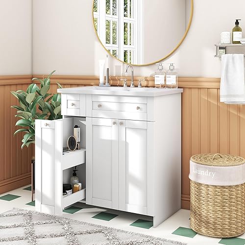 Harper & Bright Designs Tocador de baño de 30 pulgadas con lavabo, juego de tocador de lavabo individual con armario de 2 puertas y cajones altos,