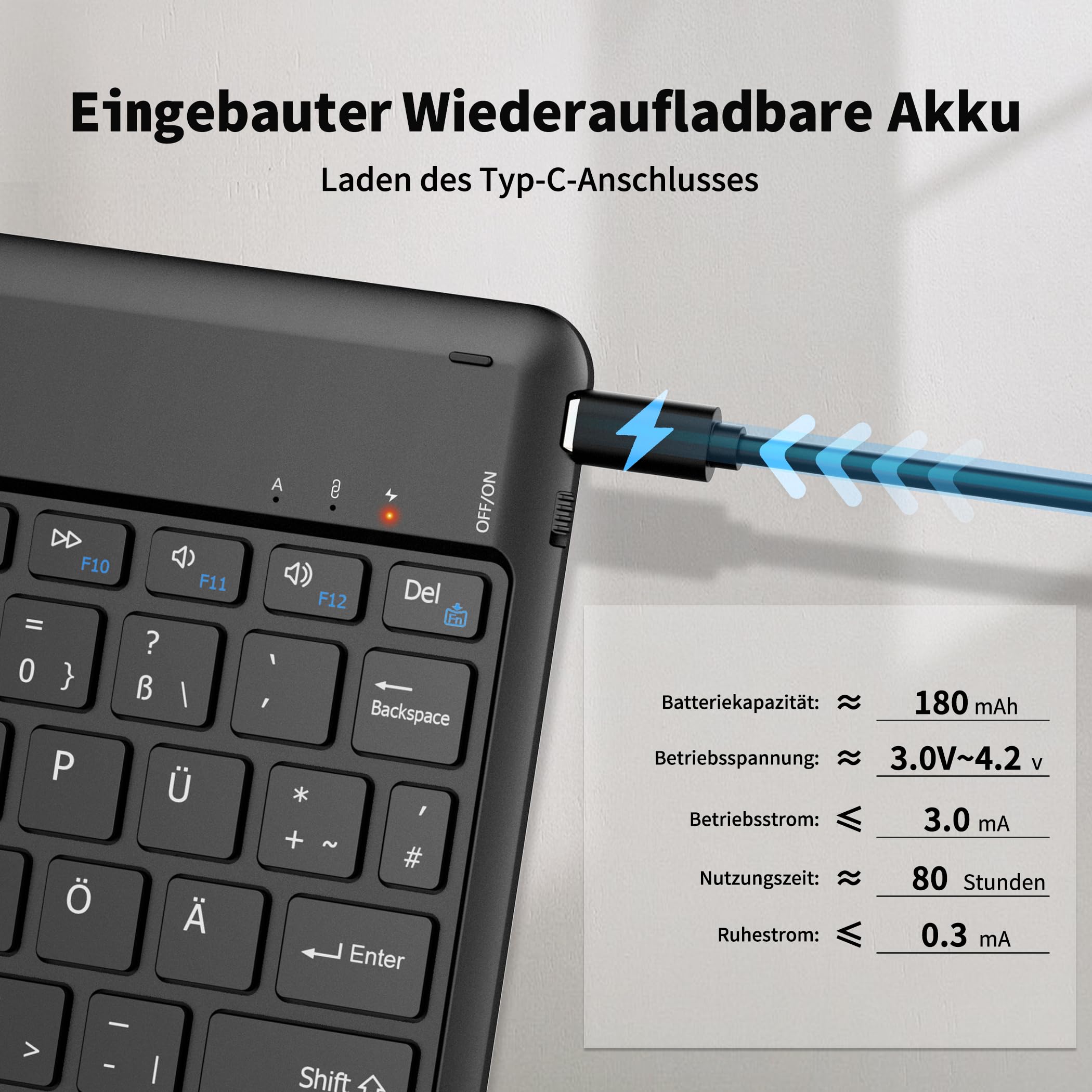 EasyAcc Clavier Bluetooth Allemand pour iPad Air/iPad Pro/iPad 10/10.2/9.7/iPhone/Samsung/Android, Rechargeable, QWERTZ, Portable, sans Fil, Ultra Fin, Noir