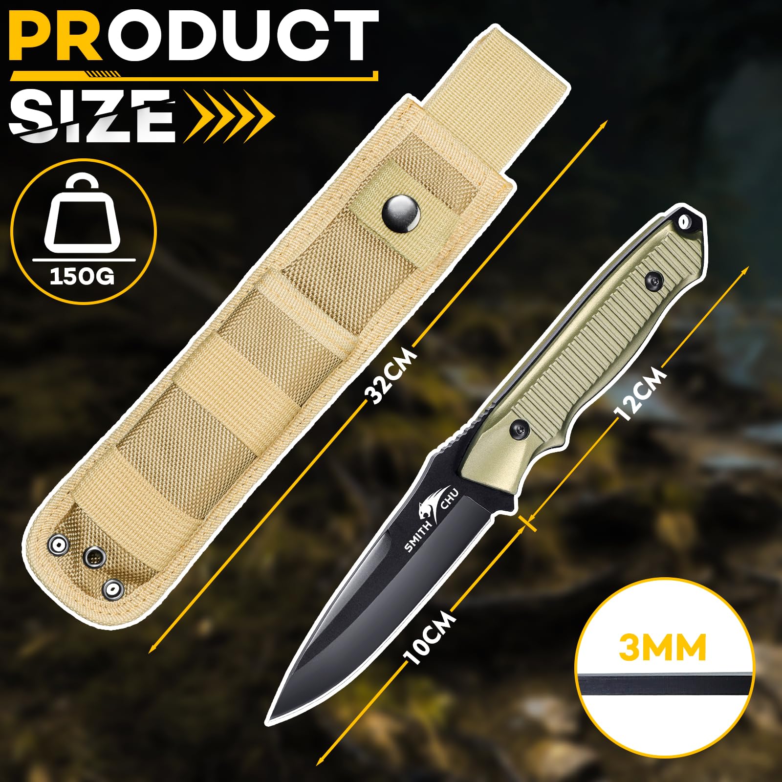 SMITH CHU Coltello da esterno con Paracord Coltello da sopravvivenza con fodero Coltello da caccia Full Tang Lama fissa Manico in lega Regalo per uomo