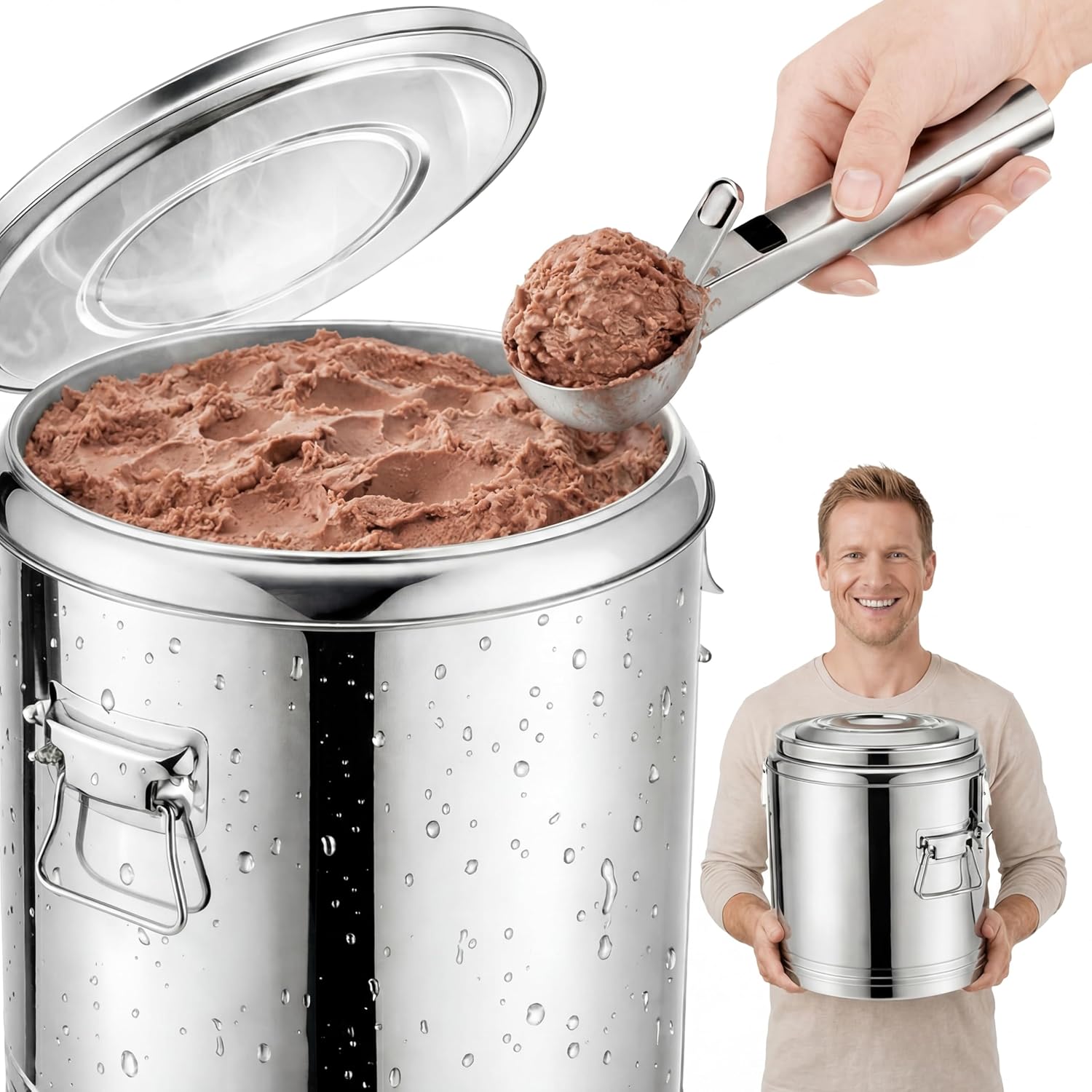 4 Gallons Ice Cream Server Insulated Crock with Lid and Scoop, Stainless Steel Ice Cream Tub Container Buckets for Business Foodservice Cooler Gelato Bar and Cart Kitchens Restaurants Party