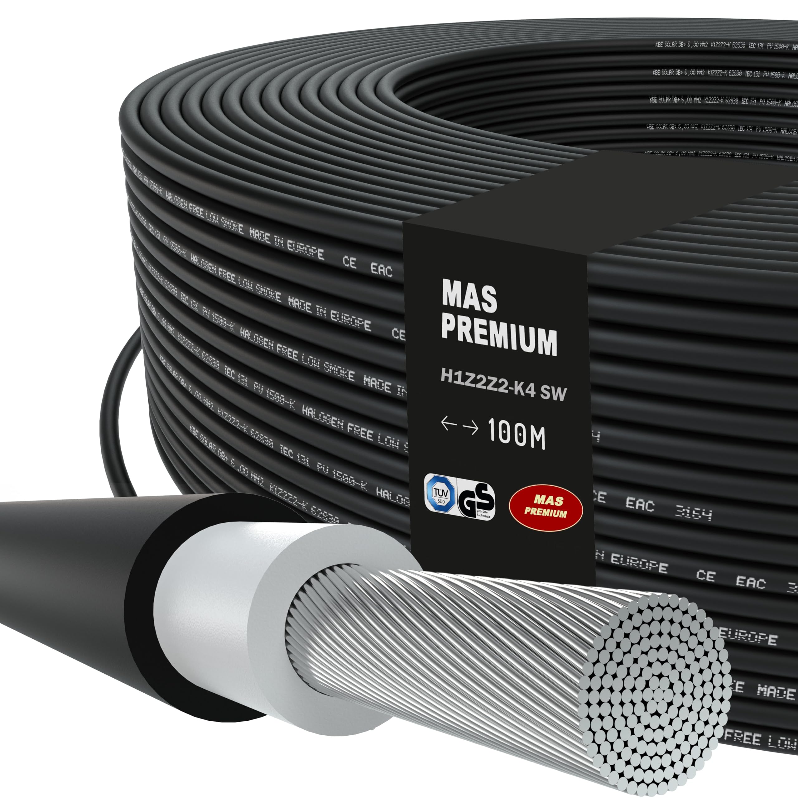 MAS Premium Kabel solarny H1Z2Z2-K 4 6, 10 mm², przewód solarny TÜV-2, bez halogenu, podwójna izolacja, swobodne lub stałe układanie w instalacjach fotowoltaicznych, 5-200 m (H1Z2Z2-K 4, czarny, 100 m