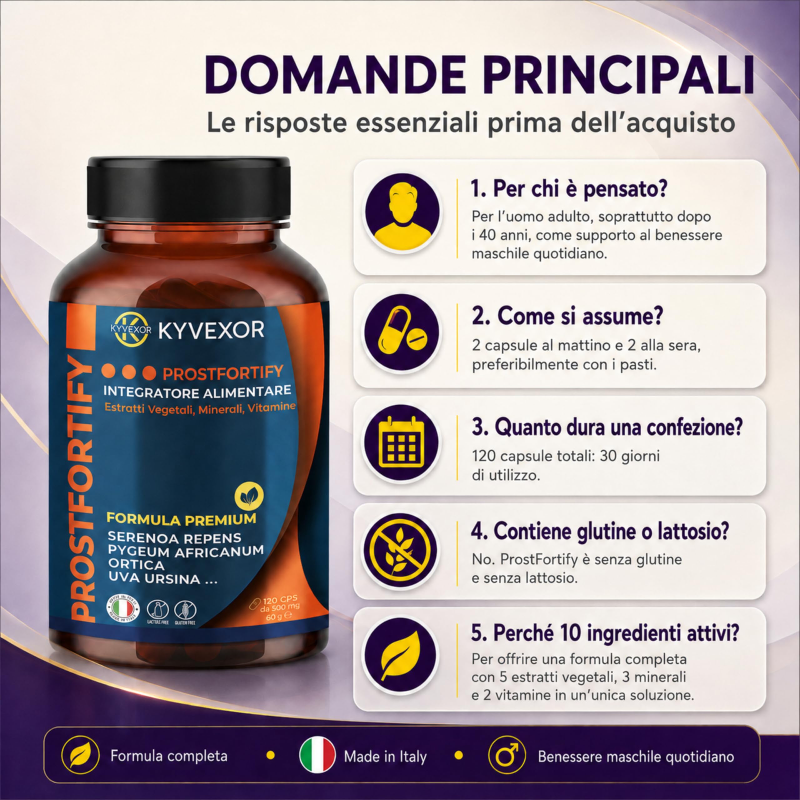 KYVEXOR ProstFortify Integratore Prostata Uomo 10 in 1 | Serenoa Repens/Saw Palmetto, Pygeum Africanum, Curcuma, Zinco, Vitamina C, D3 | Prostate Support, Benessere Prostatico e Vie Urinarie.