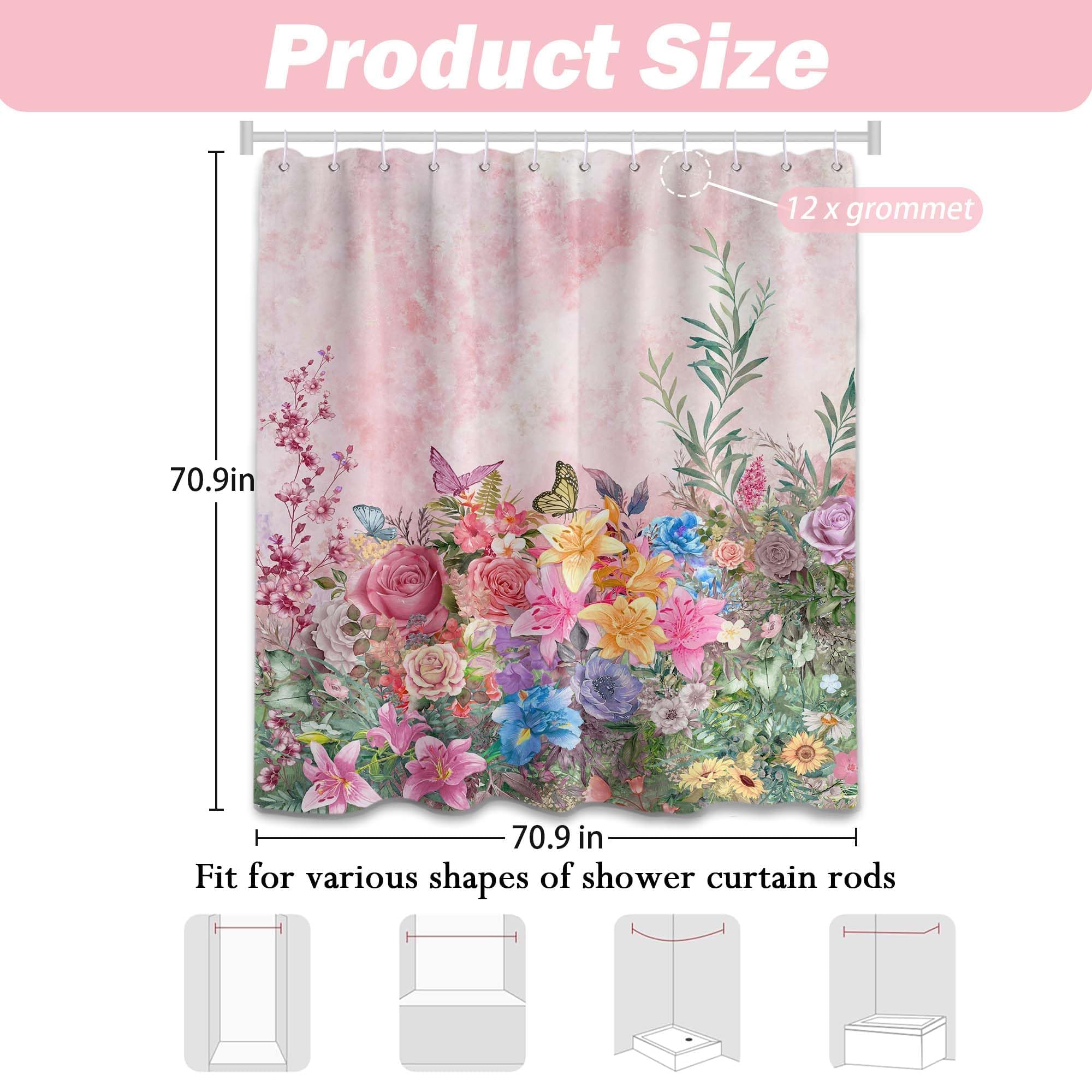 Rideau de Douche Rose printanier à Motif Floral et botanique, imperméable, avec Crochets, 244x200cm(LxH)