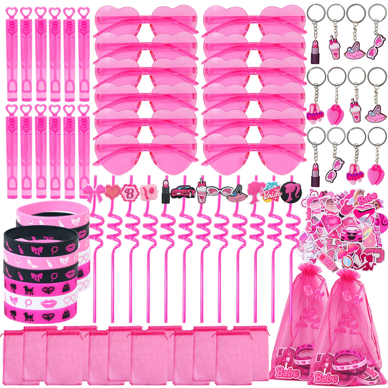 122pcs Pink Party Favors for Girls, Pink Girls Birthday Party Favors Kit Keychain Bracelet Bubble Stickers Straws Heart Sunglasses Gift Bag Hot Pink Princess Birthday Party Supplies