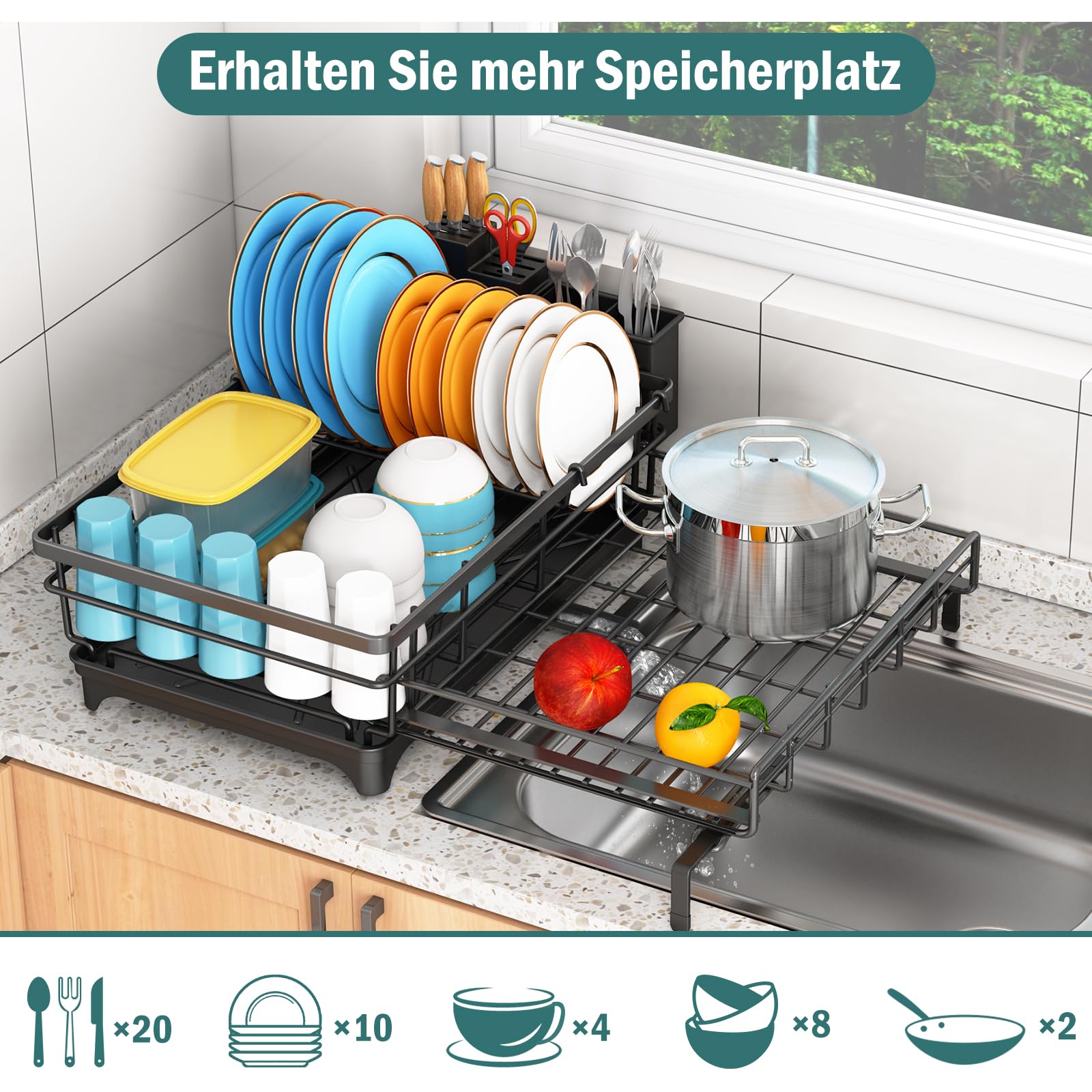 Abtropfgestell, ausziehbar, Geschirrabtropfgestell mit Utensilienhalter, platzsparend, Abtropfgestell, Küche, automatische Entwässerung