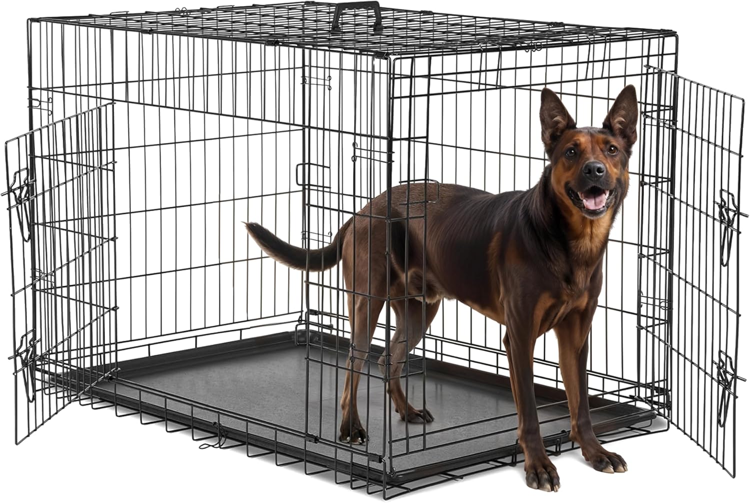 Simple Deluxe 36-Inch Medium Dog Crate with Divider, Double Door Folding Metal Wire Cage with Leak-Proof Plastic Tray, Portable Pet Kennel for Indoor, Outdoor, and Travel
