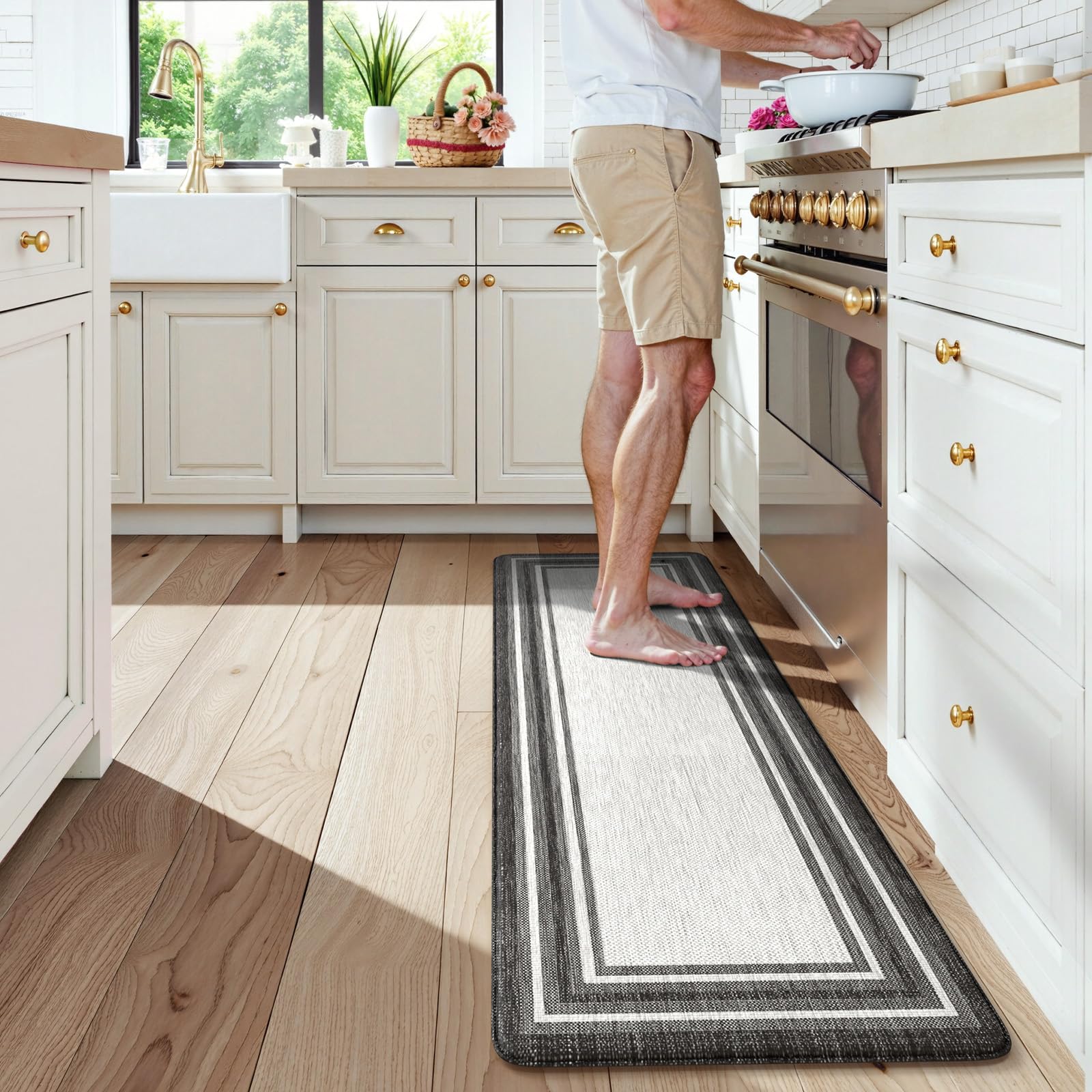 KIMODE Anti Fatigue Kitchen Mat, Cushioned Farmhouse Kitchen Runner, Non Slip Waterproof Kitchen Mat for Floor, Comfort Foam Standing Desk Mat for