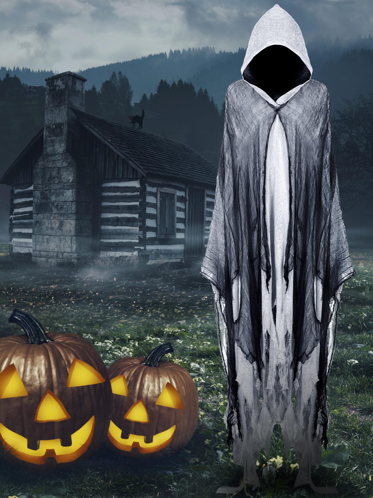 Geyoga Peleryna z kapturem na Halloween, średniowieczny kostium czarodzieja lub kostuchy do cosplayu dla dorosłych.