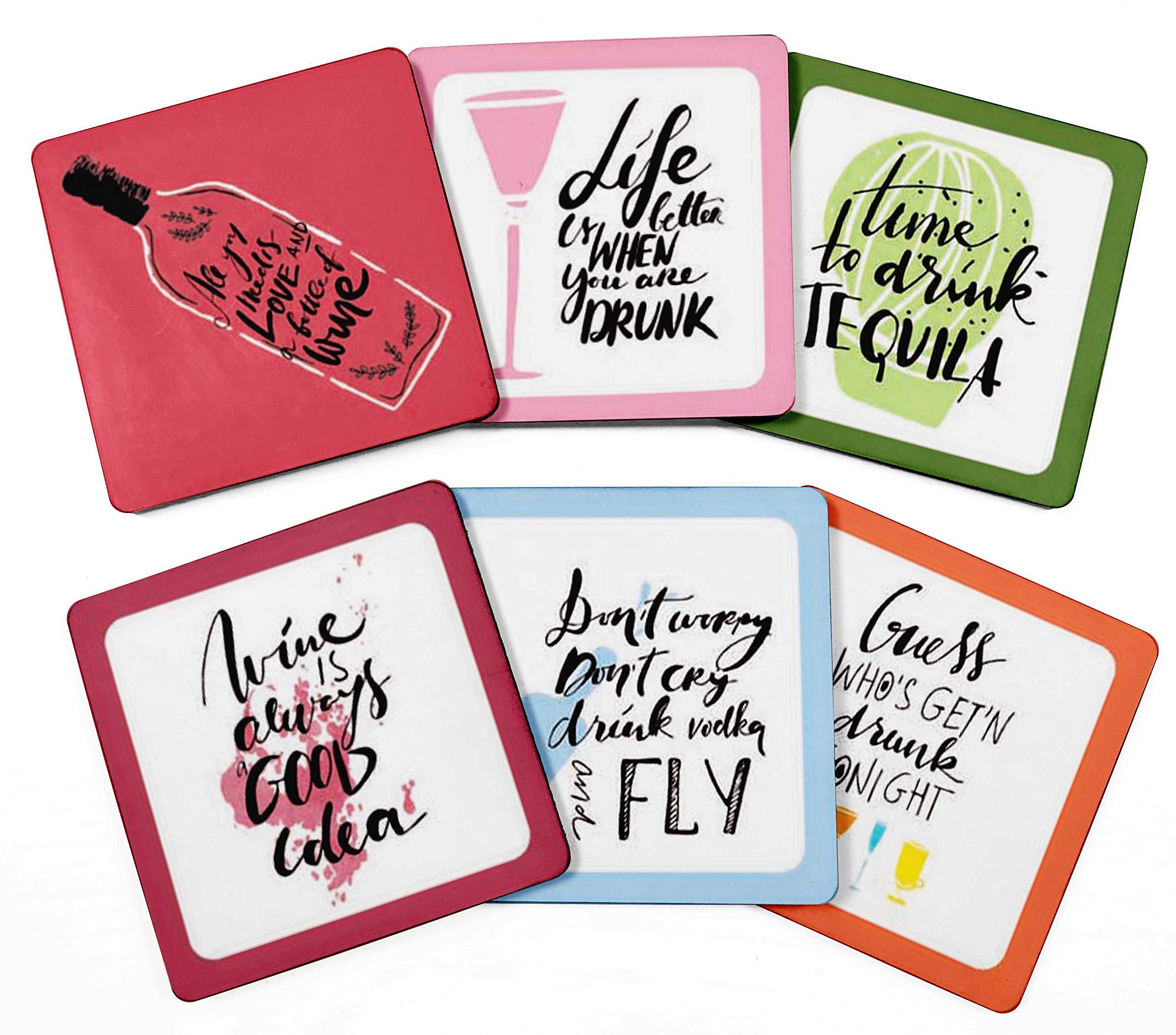 Inkdotpot Set of 6 Drink Coasters Decorative Non,Slip Cork Base 4-inch Square Printed Coasters Easy Clean- Quotes