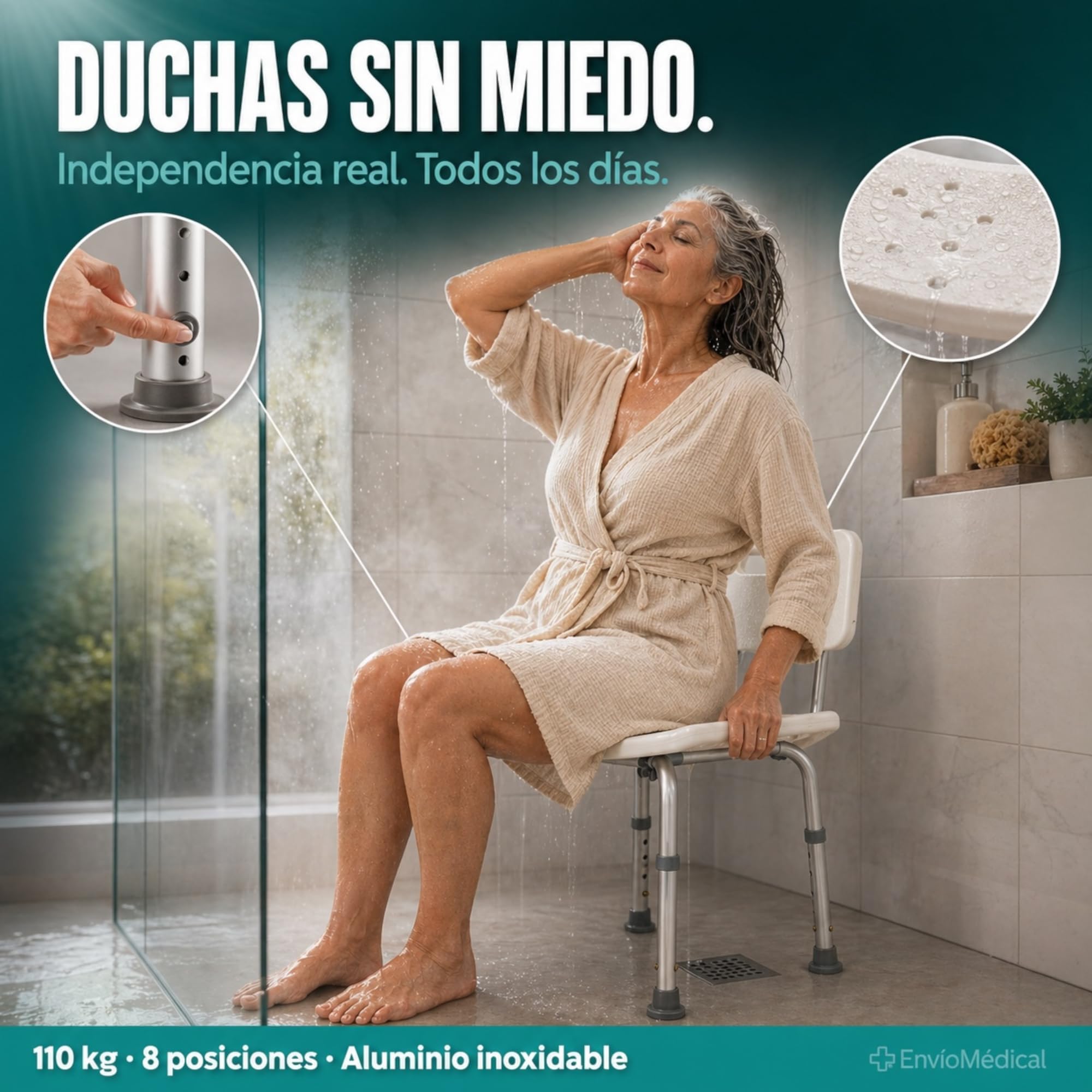 Silla de Ducha para Personas Mayores con Respaldo. Altura Regulable. Asiento de Baño Antideslizante de Aluminio. Soporta hasta 110kg. Silla de Ducha para Movilidad Reducida, Discapacitados y Ancianos