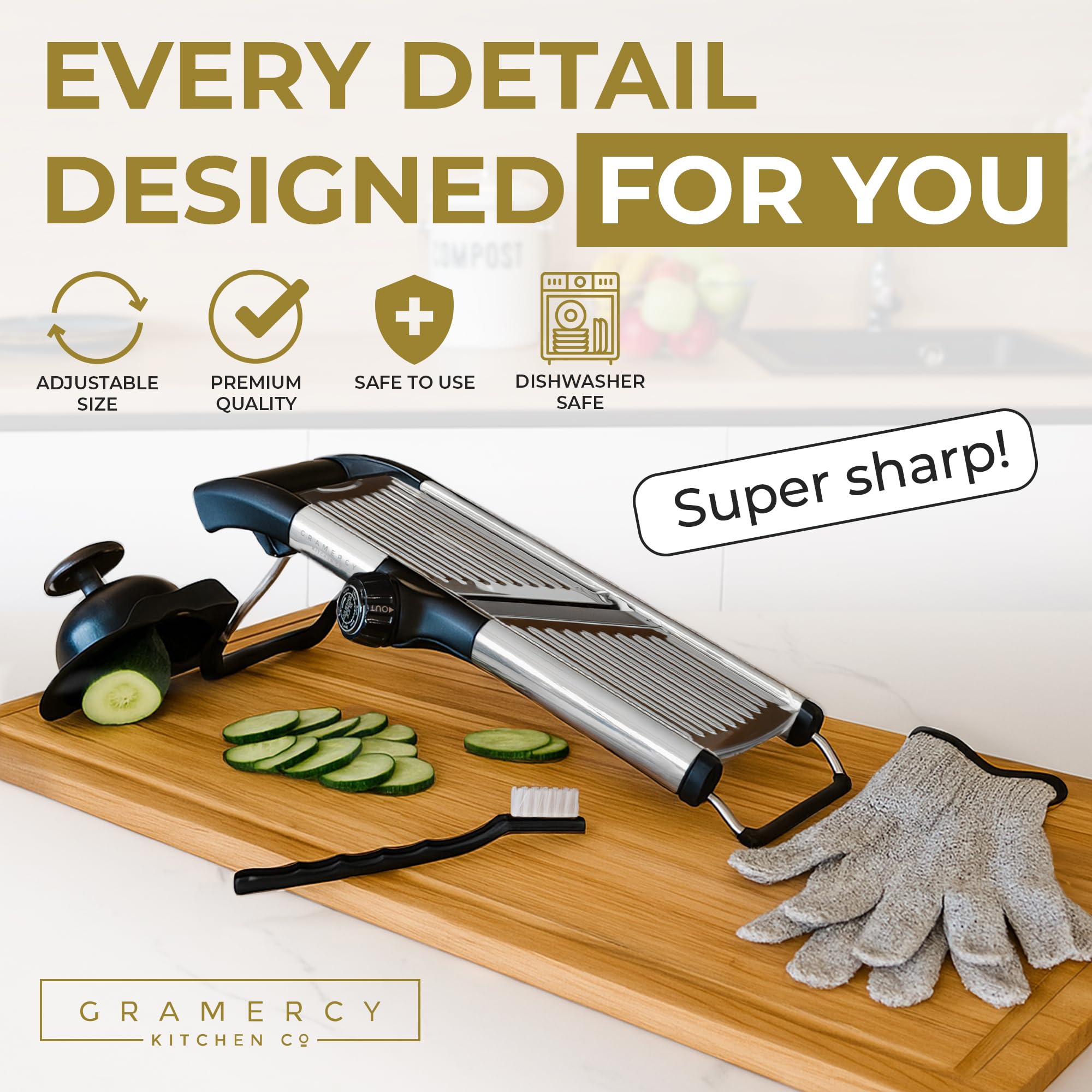 Photo 1 of ***MISSING THE KNOB THAT HOLDS THE BLADES*** Gramercy Adjustable Mandoline Food Slicer, Mandoline Slicer for Kitchen, Mandolin, Potato, Tomato, Carrot, Vegetable, Fruit and Onion Cutter - Stainless Steel - INCLUDING 1 Pair Cut-Resistant Gloves