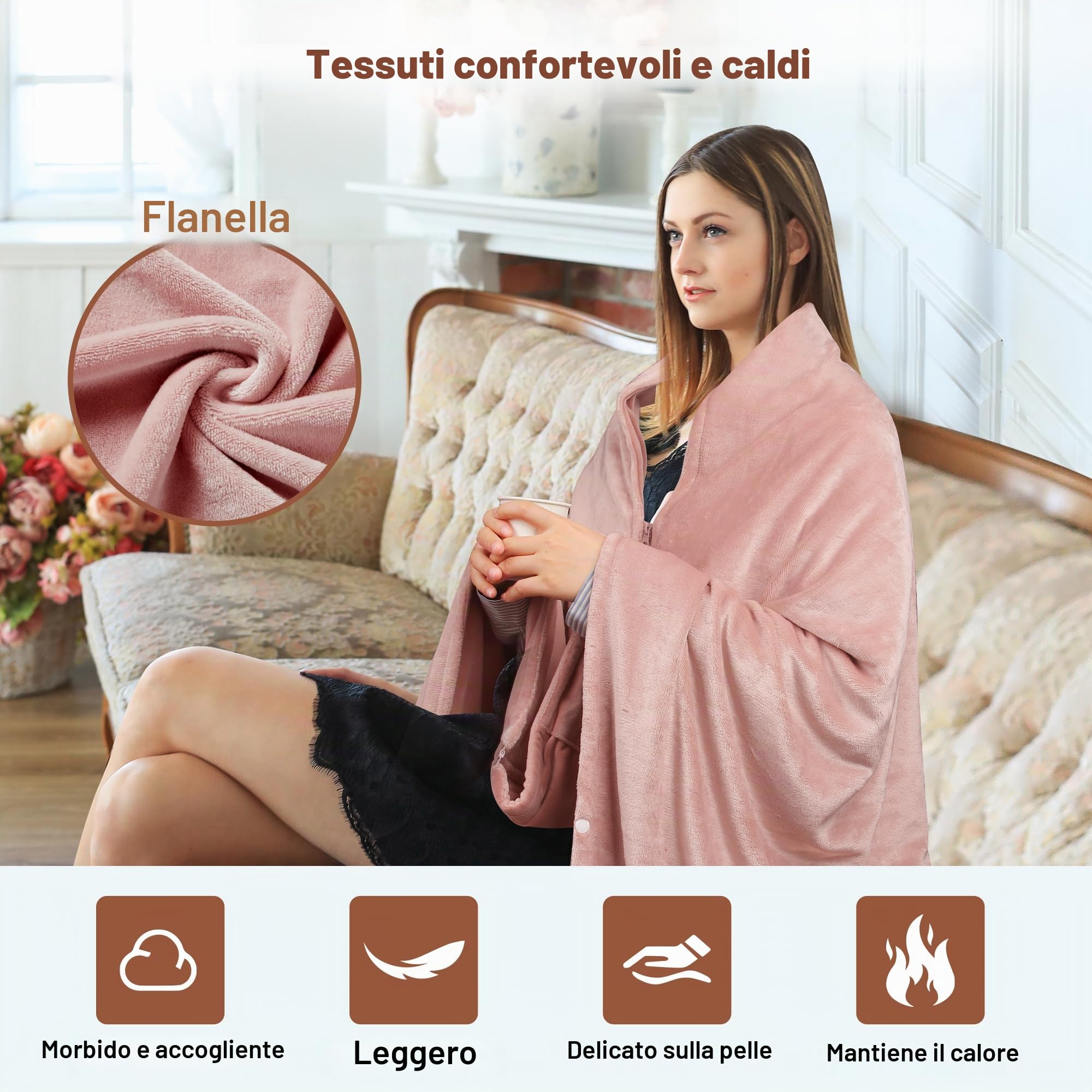 Coperta Riscaldante Elettrica Senza Fili 160x90 cm, con Batteria 10000 mAh, 6 Zone di Riscaldamento, 3 Livelli di Temperatura, Plaid Termico USB per Casa, Ufficio, Auto, Campeggio(Rosa)