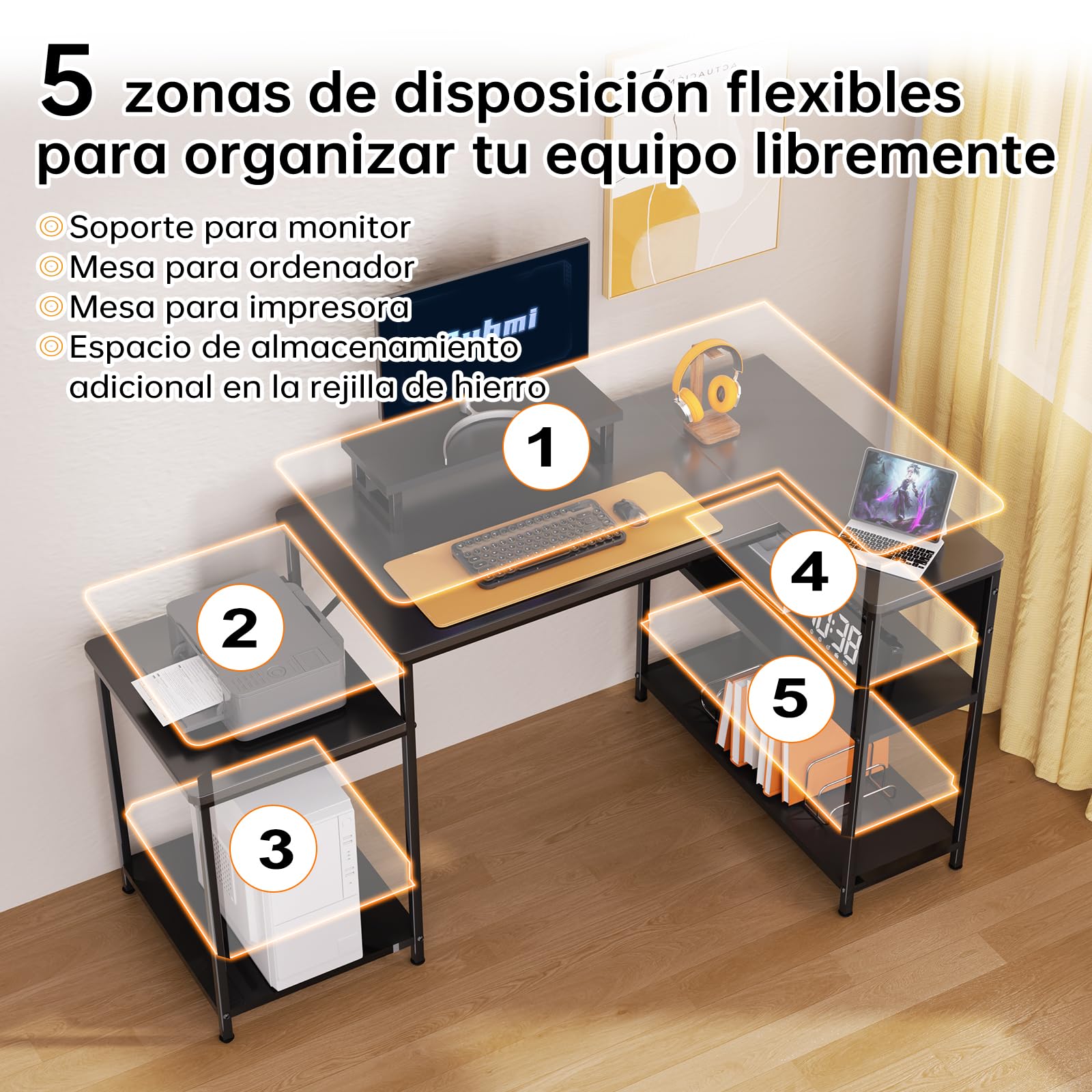 Escritorio Esquinero, 152x80cm Mesa Escritorio en L con Monitor Stand, Escritorios Esquina Reversible con Almacenamiento para Oficina en Casa, Altura Regulable Escritorios Gaming, Negro