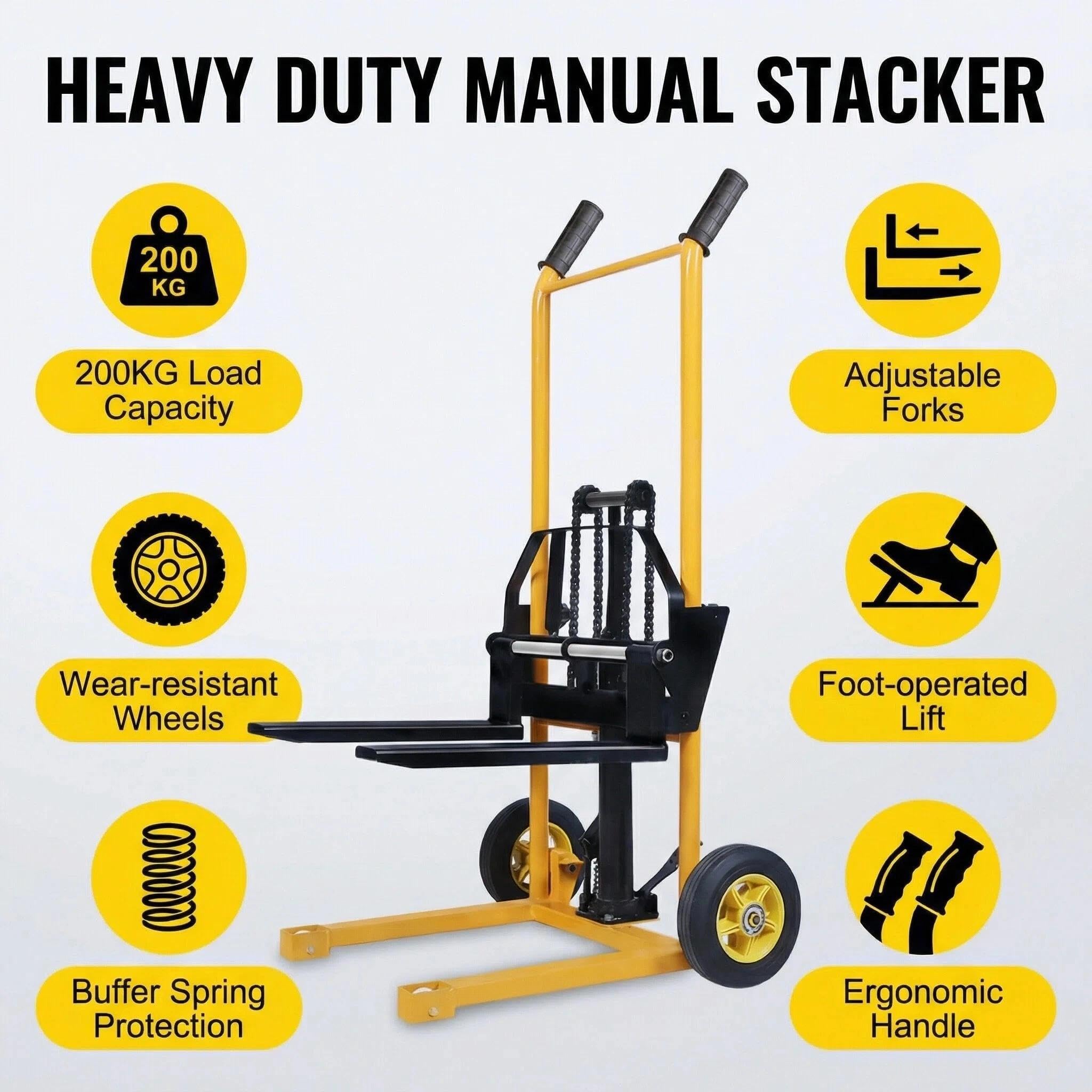 Pallet Stacker 200 kg, carrello elevatore a forcella manuale resistente, pompa a pedale idraulica compatta e resistente, per uso domestico e industriale