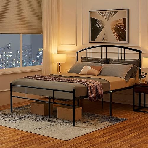 Miniatura 8 de VECELO Base de cama tamaño Queen con cabecero y estribo, base de colchón de plataforma metálica, listones de acero resistente, no necesita somier,