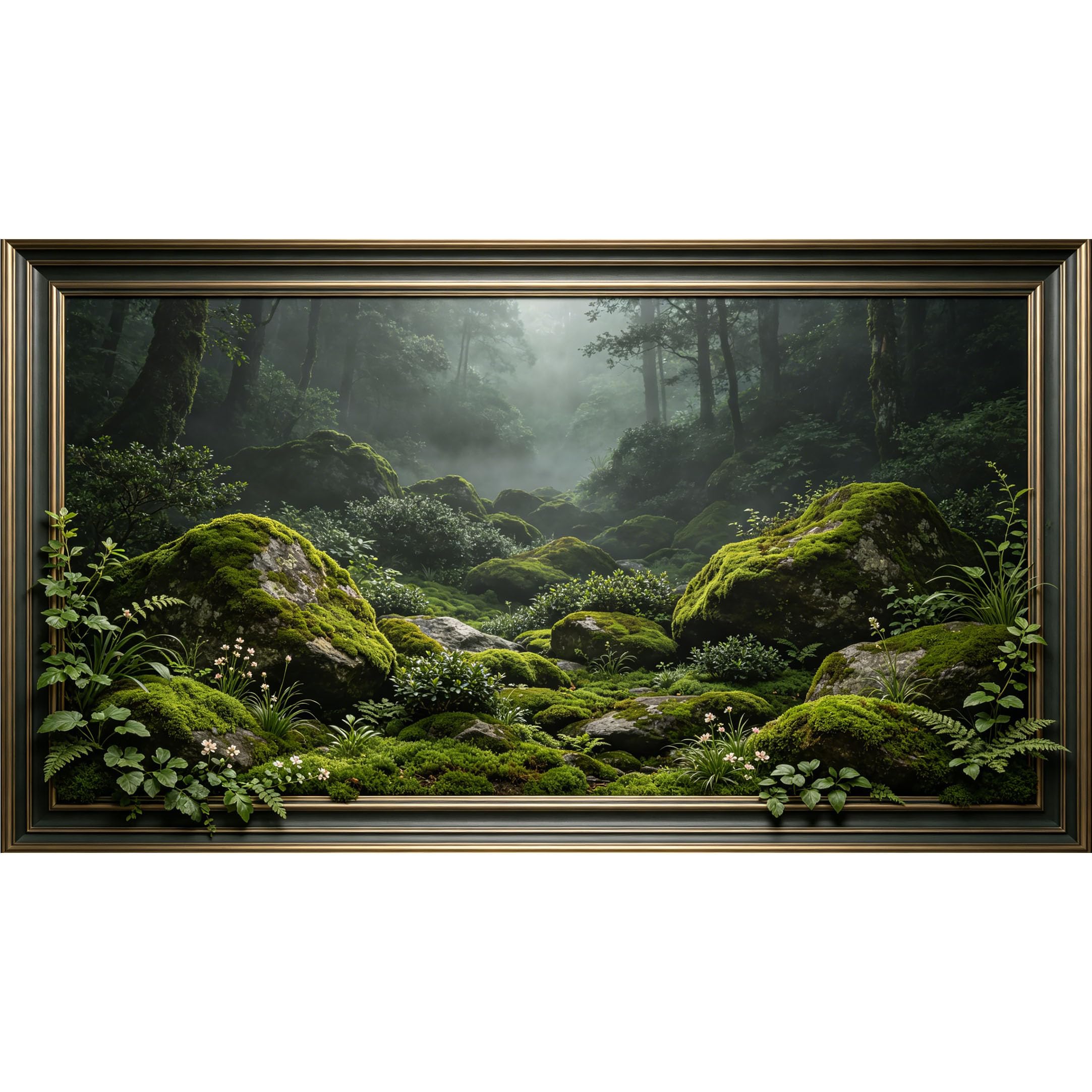 QZLITHOTIC 50x90cm3D Framed Wall Art， Misty Forest Moss Landscape Self‑Adhesive Mural， Water‑Activated Peel & Stick Fabric Decor Wall Decal for Bedroom Living Room