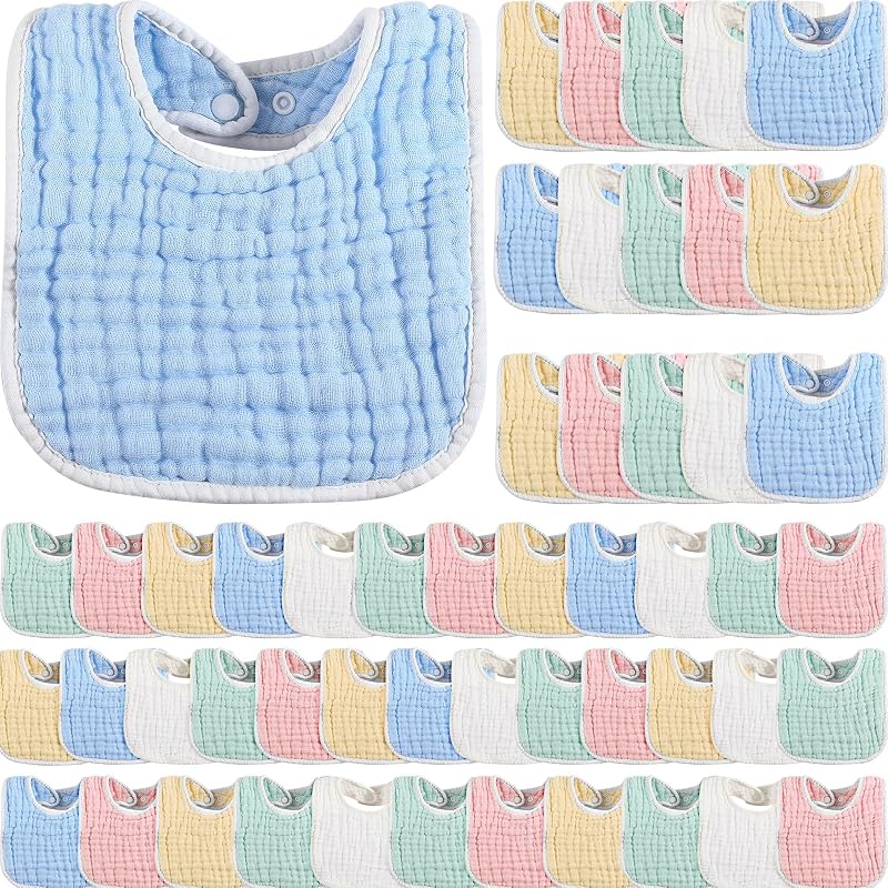 Tatuo 50 Pcs Muslin Baby Bibs Bulk Muslin Cotton Teething for Boy Girls Burp with Snap, Baby Bandana Drool Absorbent Bibs for Newborn Infant Teething and Drooling, 6 Layers