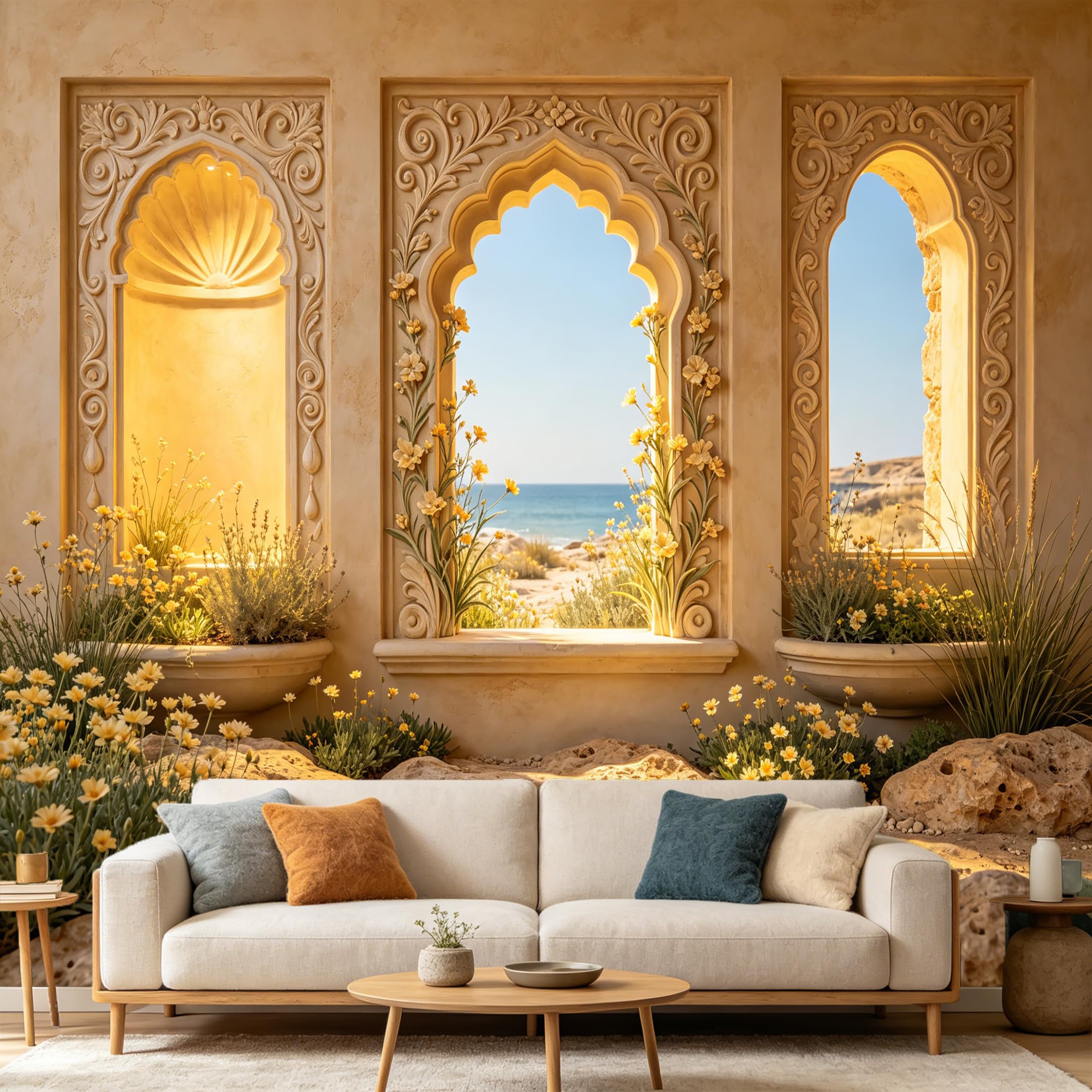 Custom Size Wall Mural， 3D Trompe L'Oeil Mediterranean Coastal Window View， SelfAdhesive Art Prints wall Fabric Removable Large Wallpaper Home Living Room Decor