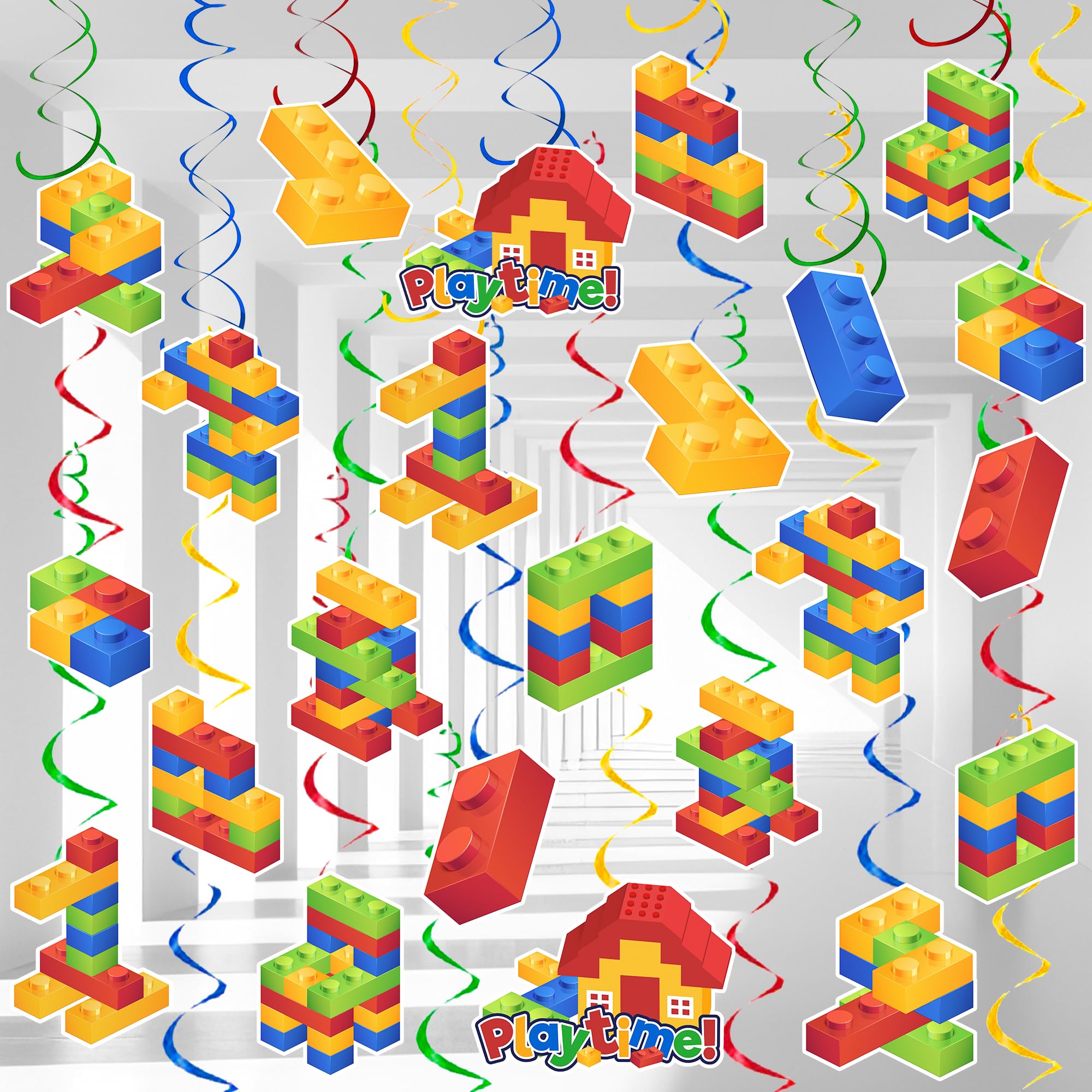 Building Blocks Hanging Swirl Decoration, 56 Pcs Building Block Birthday Hanging Swirls, Building Theme Hanging Swirls & Building Blocks Hanging Decorations for Building Block Party Decorations/Favors