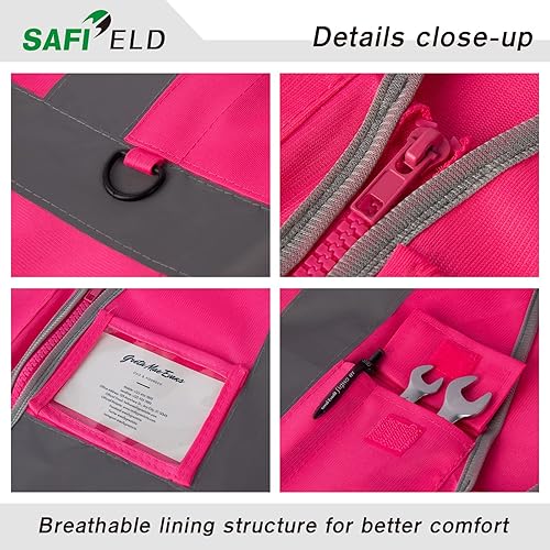 Miniatura 3 de Chaleco de seguridad rosa para mujer, paquete de 2 chalecos reflectantes de alta visibilidad, neón, con bolsillos y cremallera