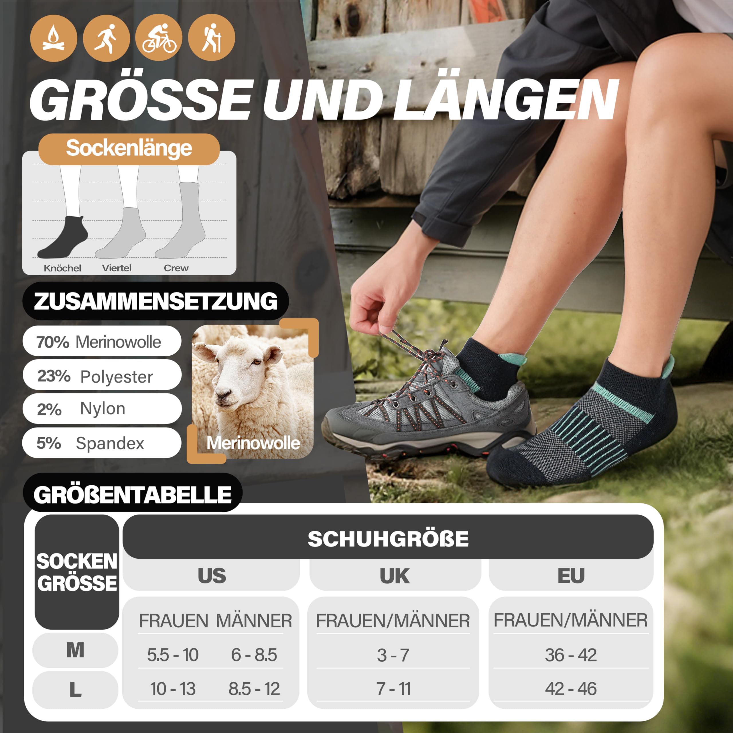 MOSEY KOSY Merino Kurz Wandersocken Sneaker Socken, Warme Wolle Laufsocken, Kompressions Sportsocken Thermosocken Wollsocken für Herren Damen 6 Paar