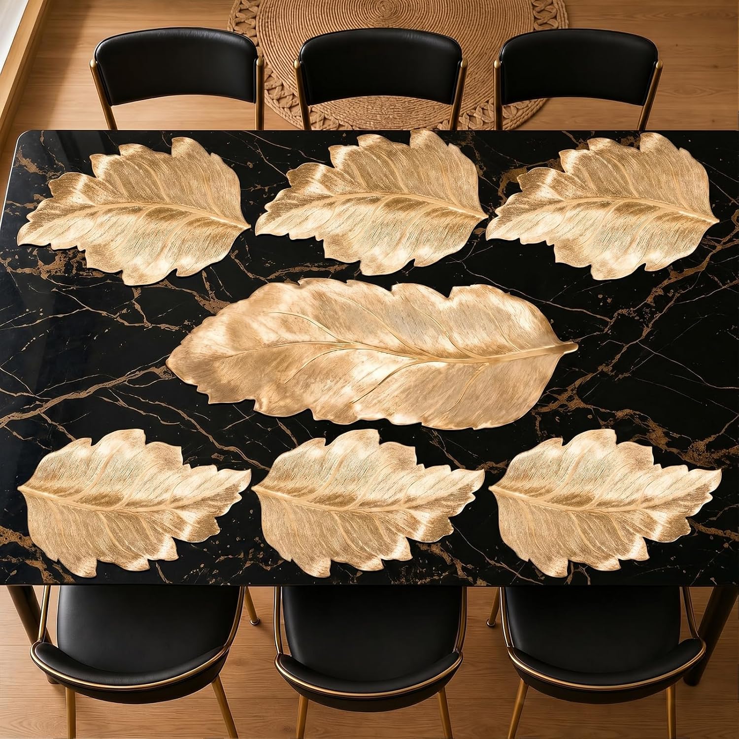 7 Pcs Gold Leaf Shaped Placemat and Table Runner Set, Waterproof Wipeable PVC Place Mats for Thankgiving Christmas Dining Table Wedding Party Dinner Decor Holiday Activities