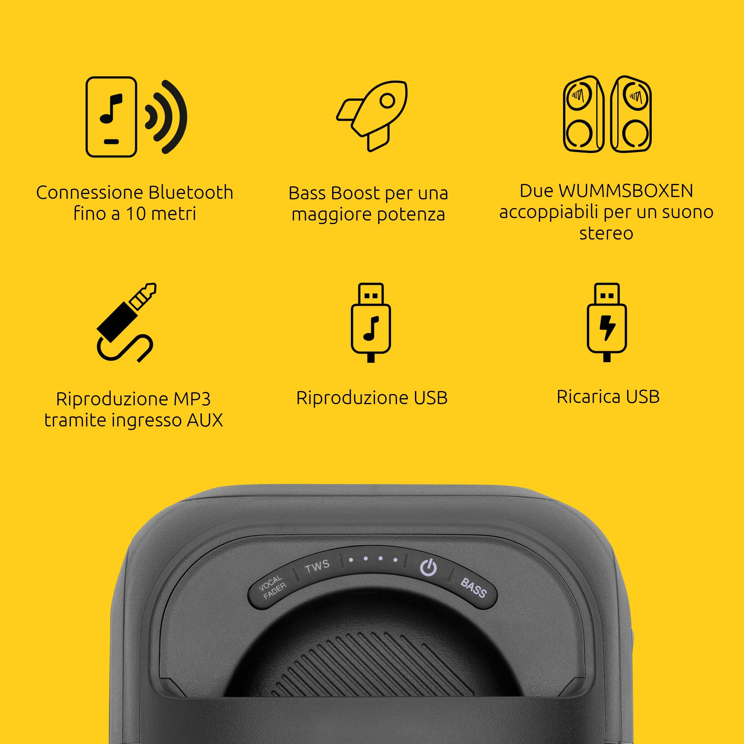 TechniSat LAUTA WUMMSBOX - Altoparlante Bluetooth portatile premium (160 W Peak, musica da festa 103 dB, Bass Boost, True Wireless Stereo, 12 h batteria, LED, IPX4, 80 W RMS)