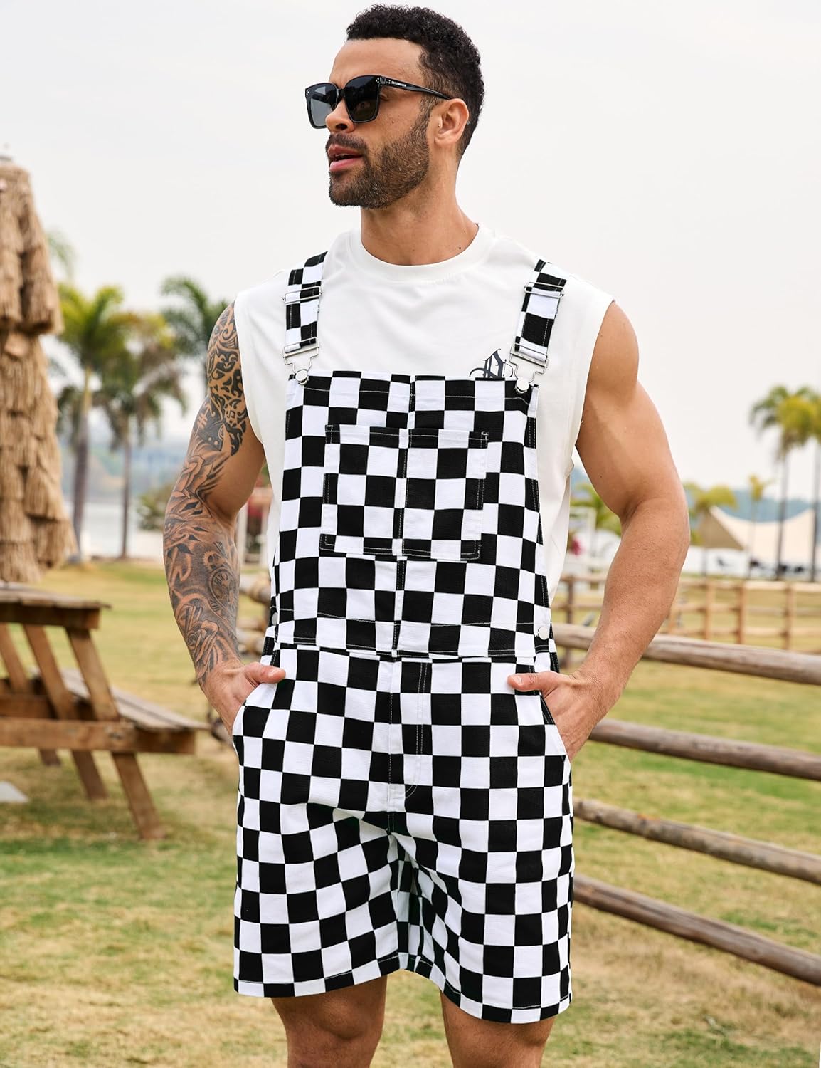 Checkered Bib Overalls for Men Jumpsuit Shorts Work Coveralls - Image 3
