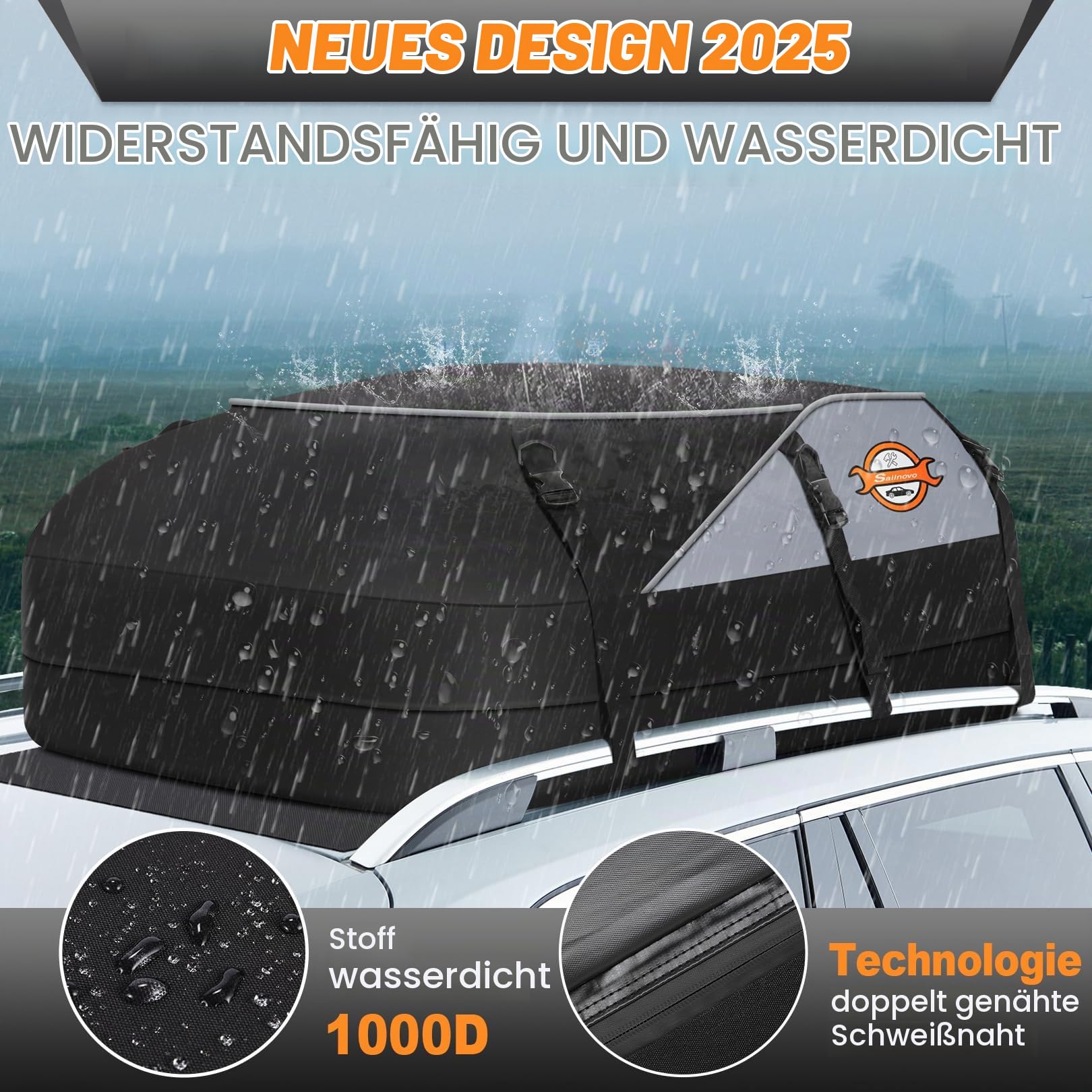 Sailnovo Autodachbox, 580 l/20 Kubikfuß, wasserdichte Autodachbox für mit oder ohne Dachgepäckträger – einschließlich 6 Sicherheitshaken und Aufbewahrungstasche