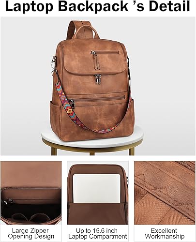 Miniatura 6 de FADEON Mochila para computadora portátil para mujer, mochila de viaje de cuero con compartimento para laptop, mochilas de diseñador para