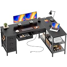 PRAISUN 55 Inch L Shaped Desk with Power Outlets, 5 Fabric Drawers