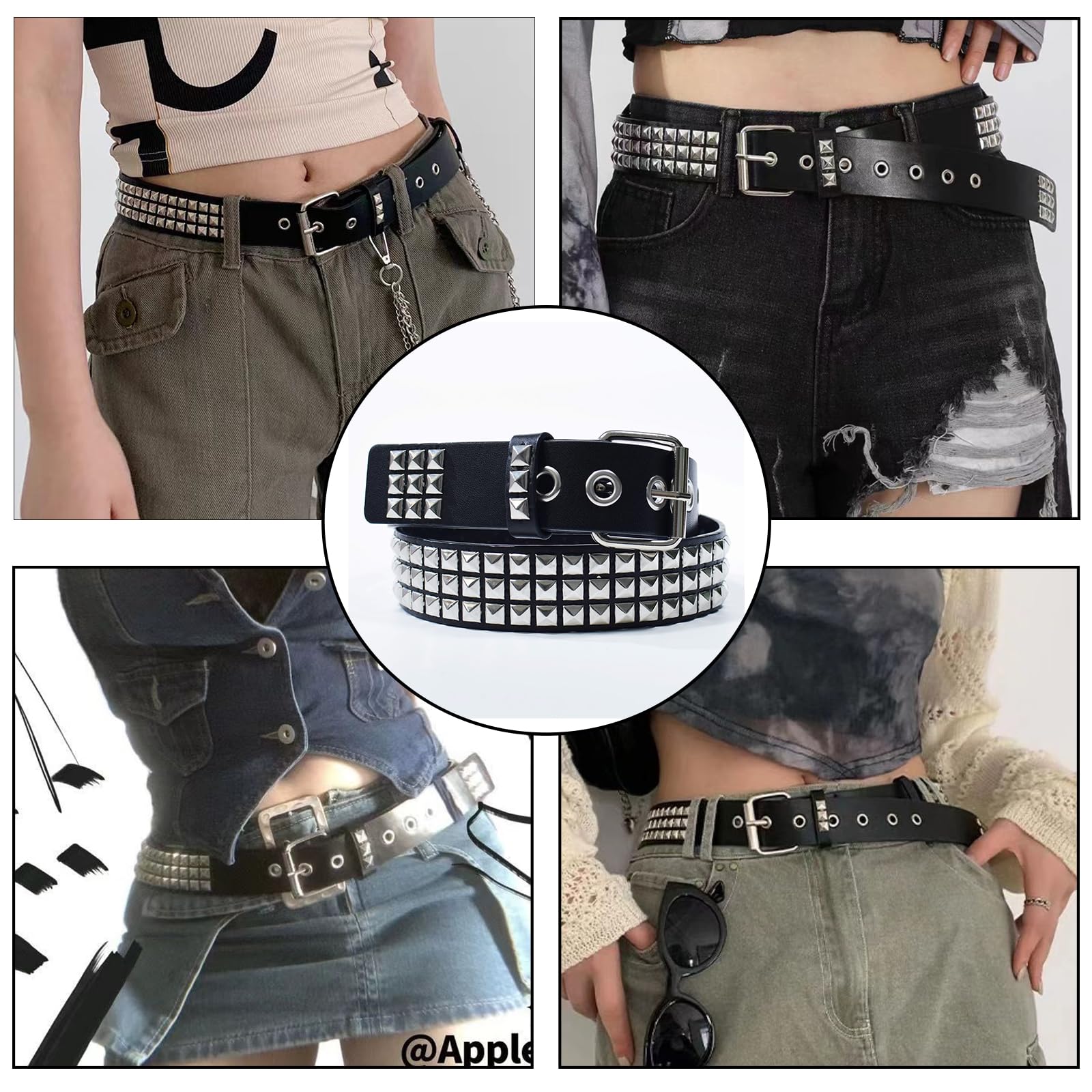 Y2k pasek z nitami, gotycki, skórzany pasek, metalowy pasek z nitami, punk-rockowy, skórzany pasek do spodni dżinsowych Rockwear (czarny)