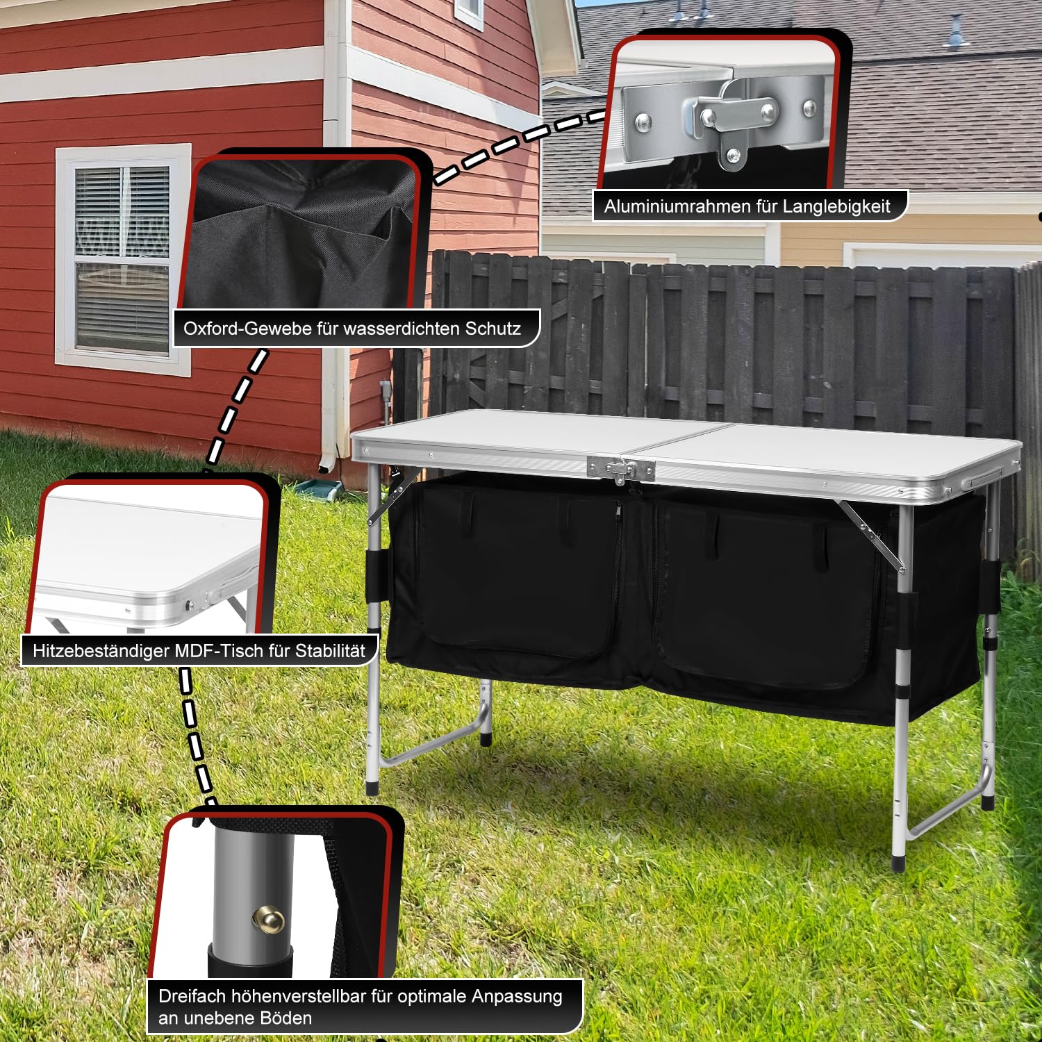 Cuisine de camping - Armoire de camping avec structure en aluminium - Pliable - Avec plan de travail résistant à la chaleur - Hauteur réglable - Pour le camping et l'extérieur - Sac de