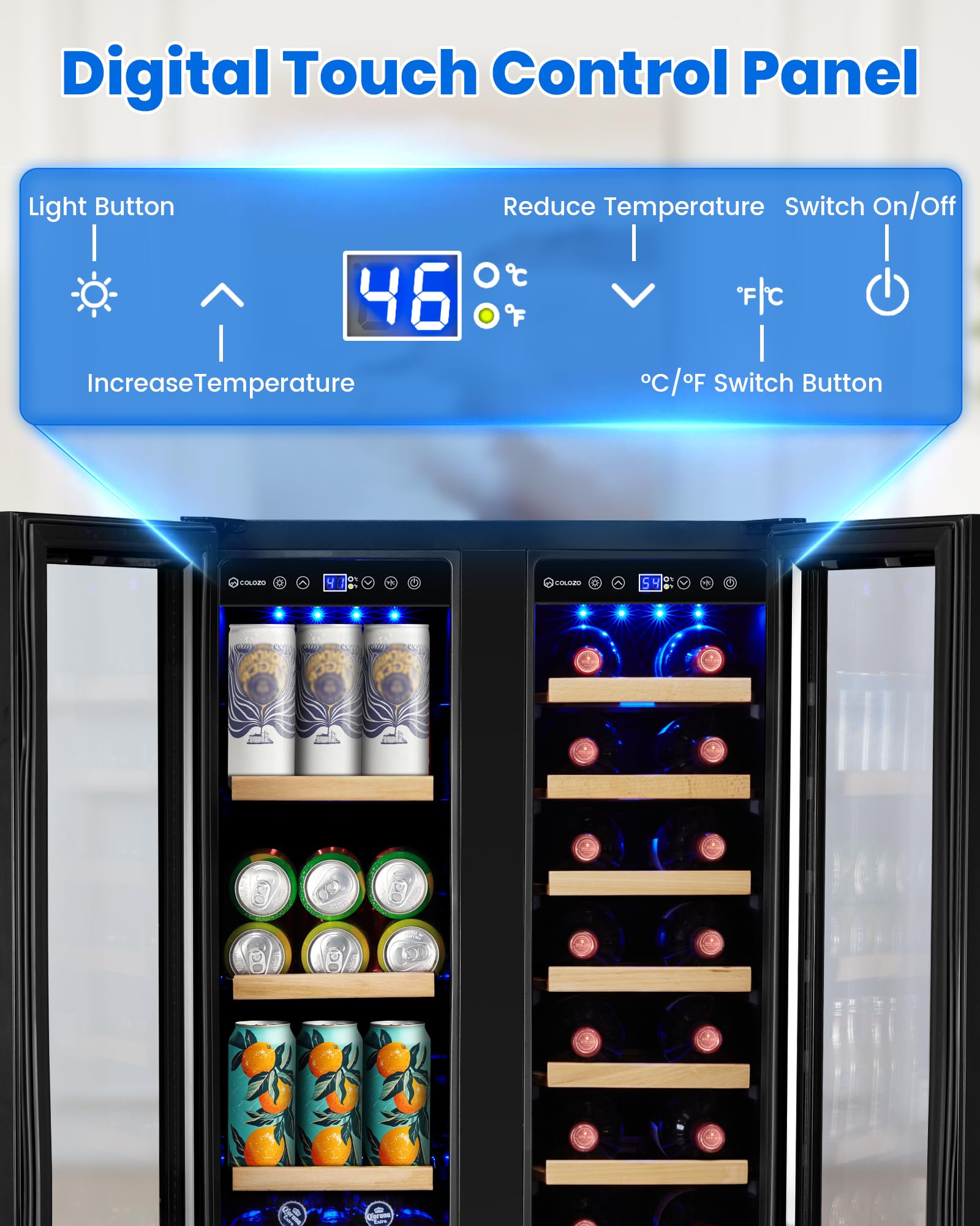 Colzer Wine & Beverage Refrigerator Under Counter, 24 Inch Black Freestanding Wine Fridge With Wooden Shelves, Glass Door&Lock Beverage Cooler-20 Bottles & 88 Cans For Kitchen/Bar/Commercial on Fridge.com - View 2