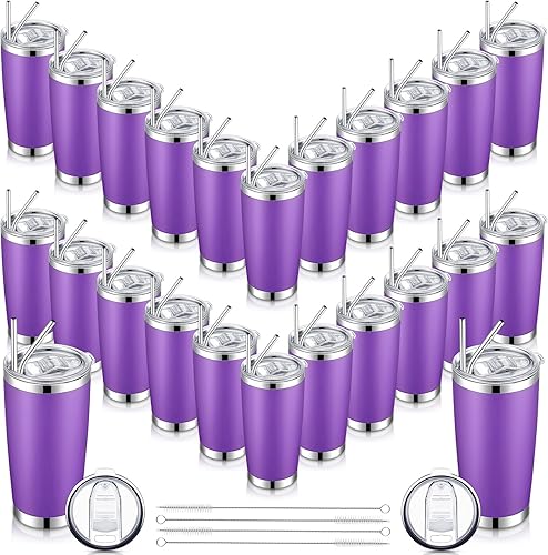 Paquete de 24 vasos de viaje aislados de 20 onzas, vaso de viaje al vacío de doble pared con tapa y pajita, tazas de café de doble pared de acero