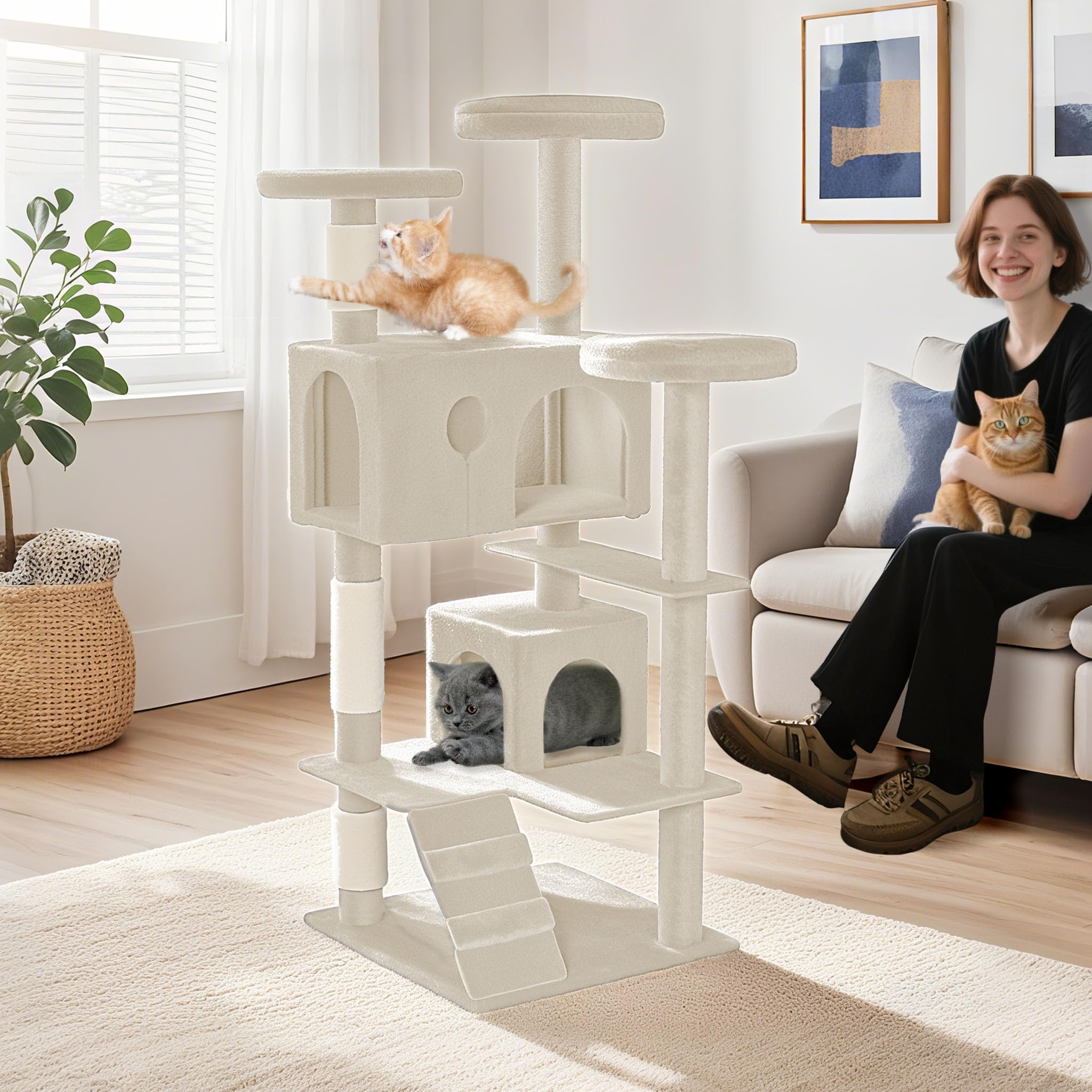 UISEBRT Tiragraffi alto 130 cm, torre per gatti a più piani, con pali in sisal, piattaforme e grotta per gatti, stabile tiragraffi per gatti (tipo A, beige)