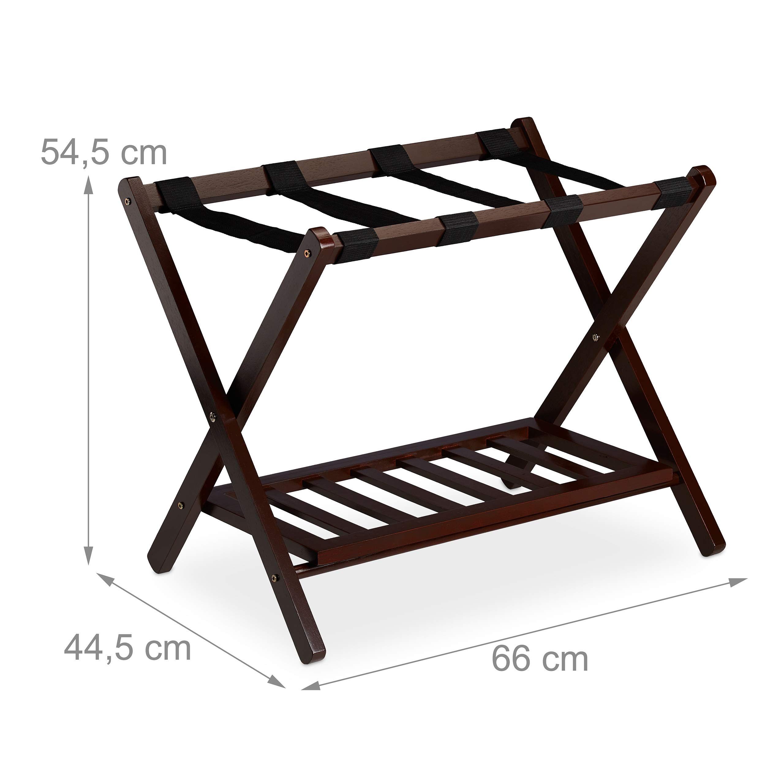 Relaxdays Porte-Valise Pliant, Bois, H x L x P : 54,5 x 66 x 44,5 cm, 2 étagères, Repose Bagages hôtel, Marron